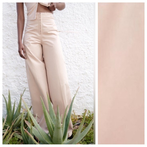 NWT. Zara Pale Pink 100% Cotton Belted Full-Length High Waisted Pants. Size M.