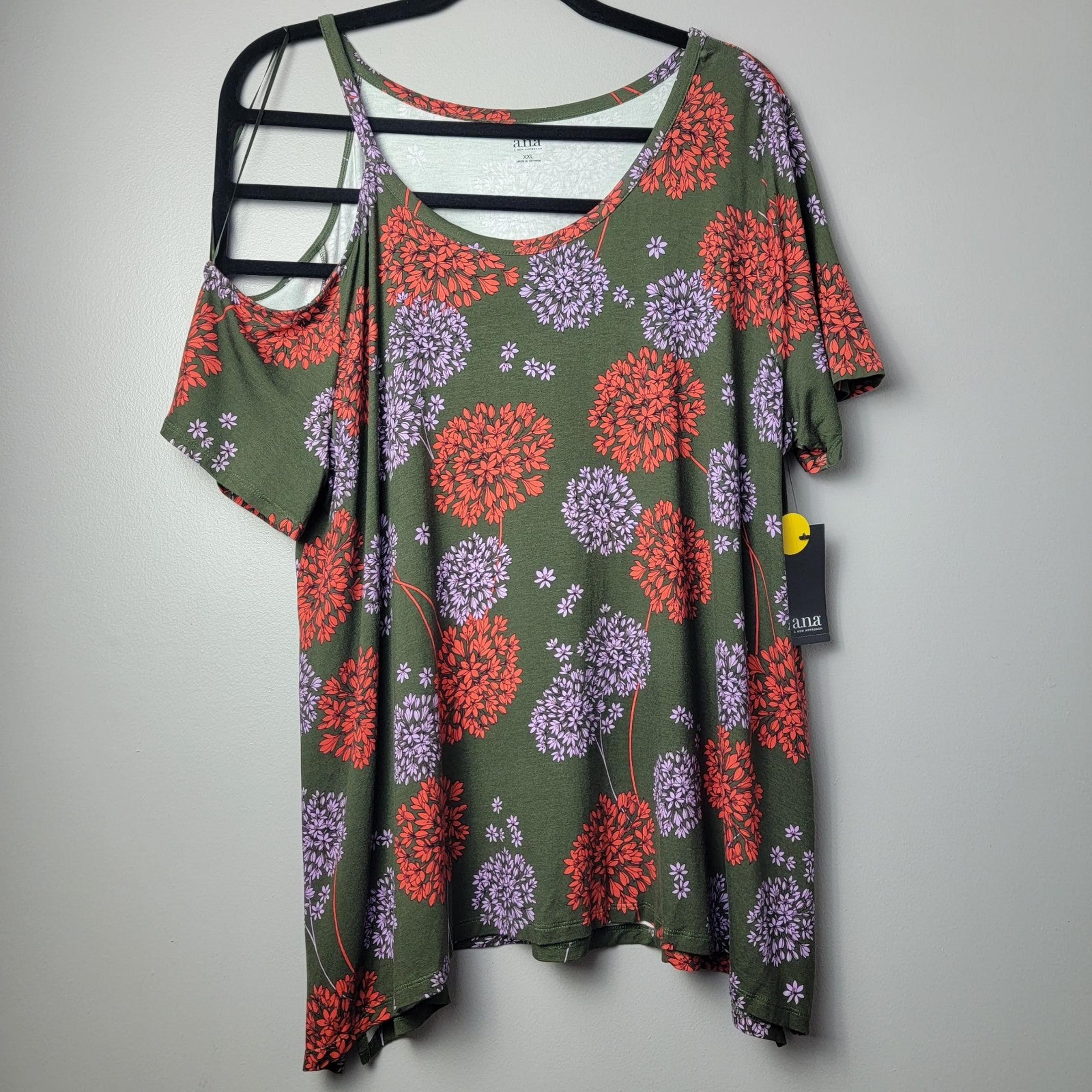 A.N.A. Women's Cold Sholder Top Blouse Green Floral Short Sleeve Stretch Sz XXL
