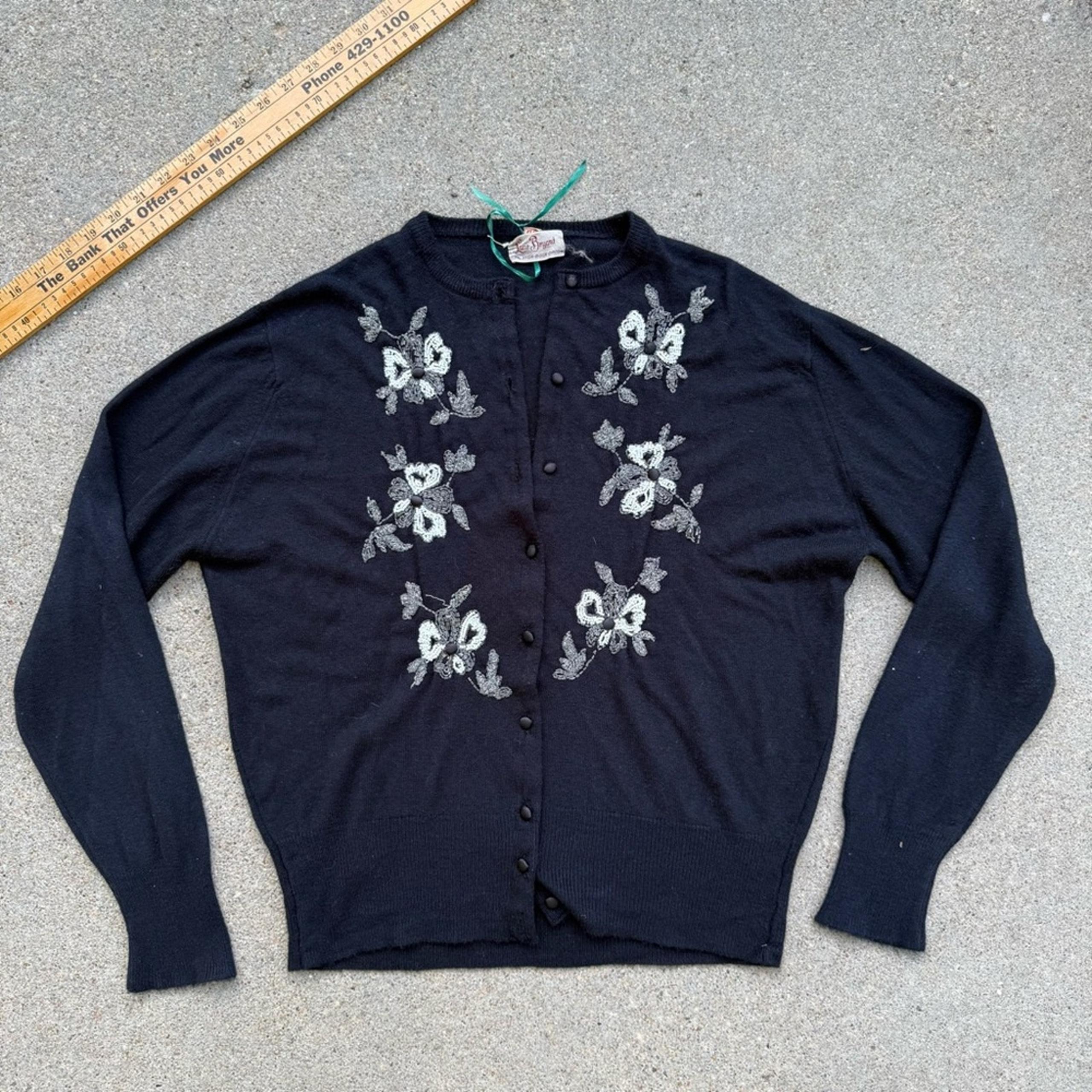 Vintage 50s Lane Bryant Black Orlon Cardigan Sweater Silver Floral Bead Detail