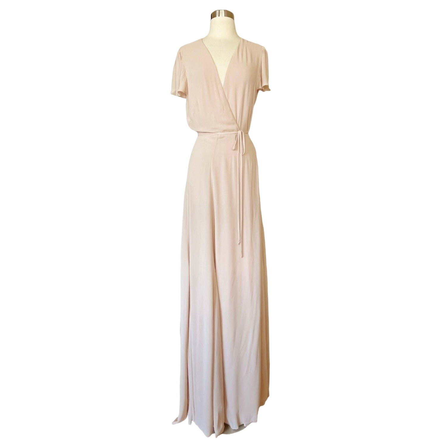 REFORMATION Rosey Wrap Maxi Dress Champagne Tan Belt Short Sleeves Large NWT