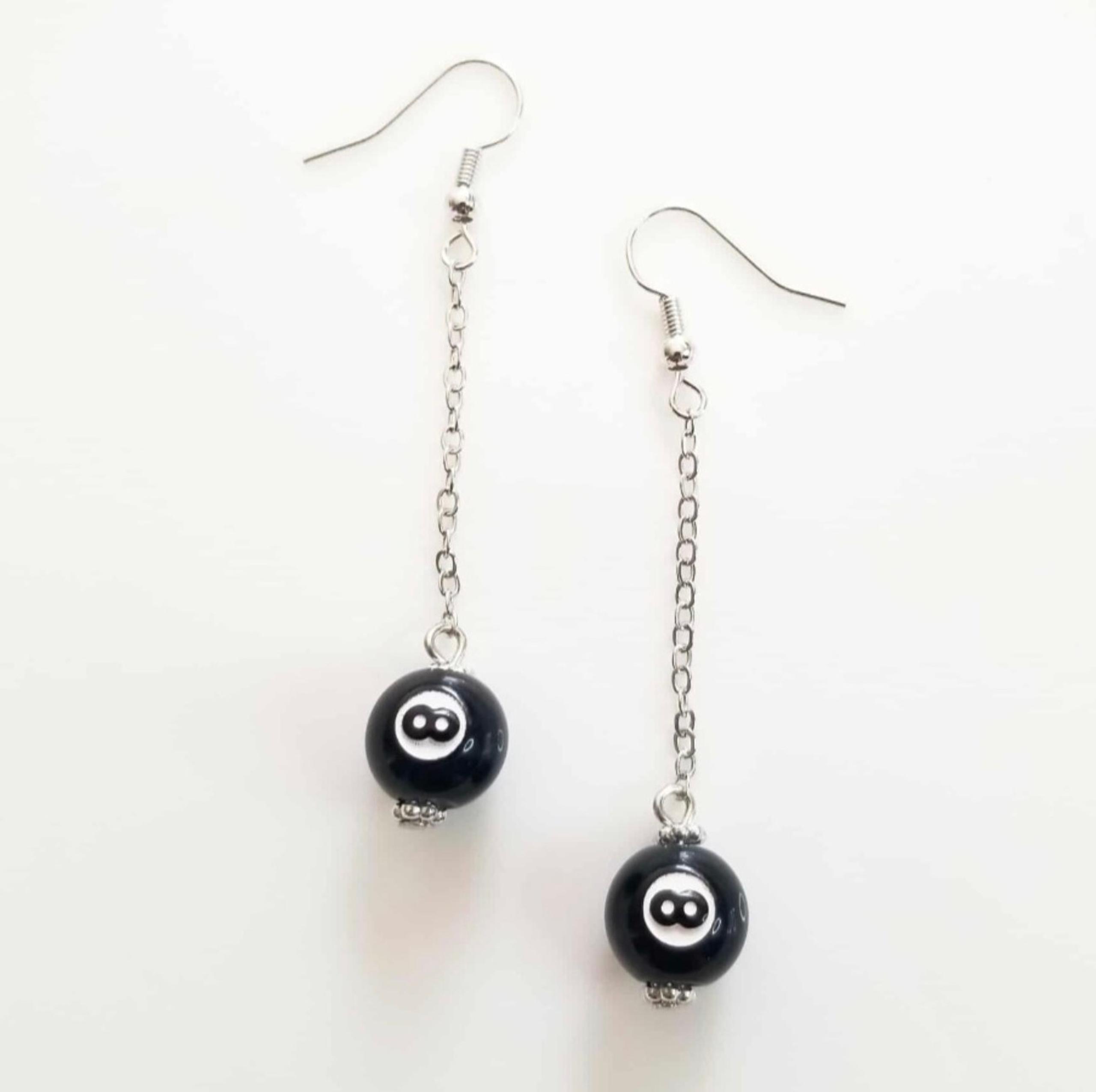 NEW Urban Outfitters Silver Chains Earrings w/ Billiard Pool Black 8 Ball