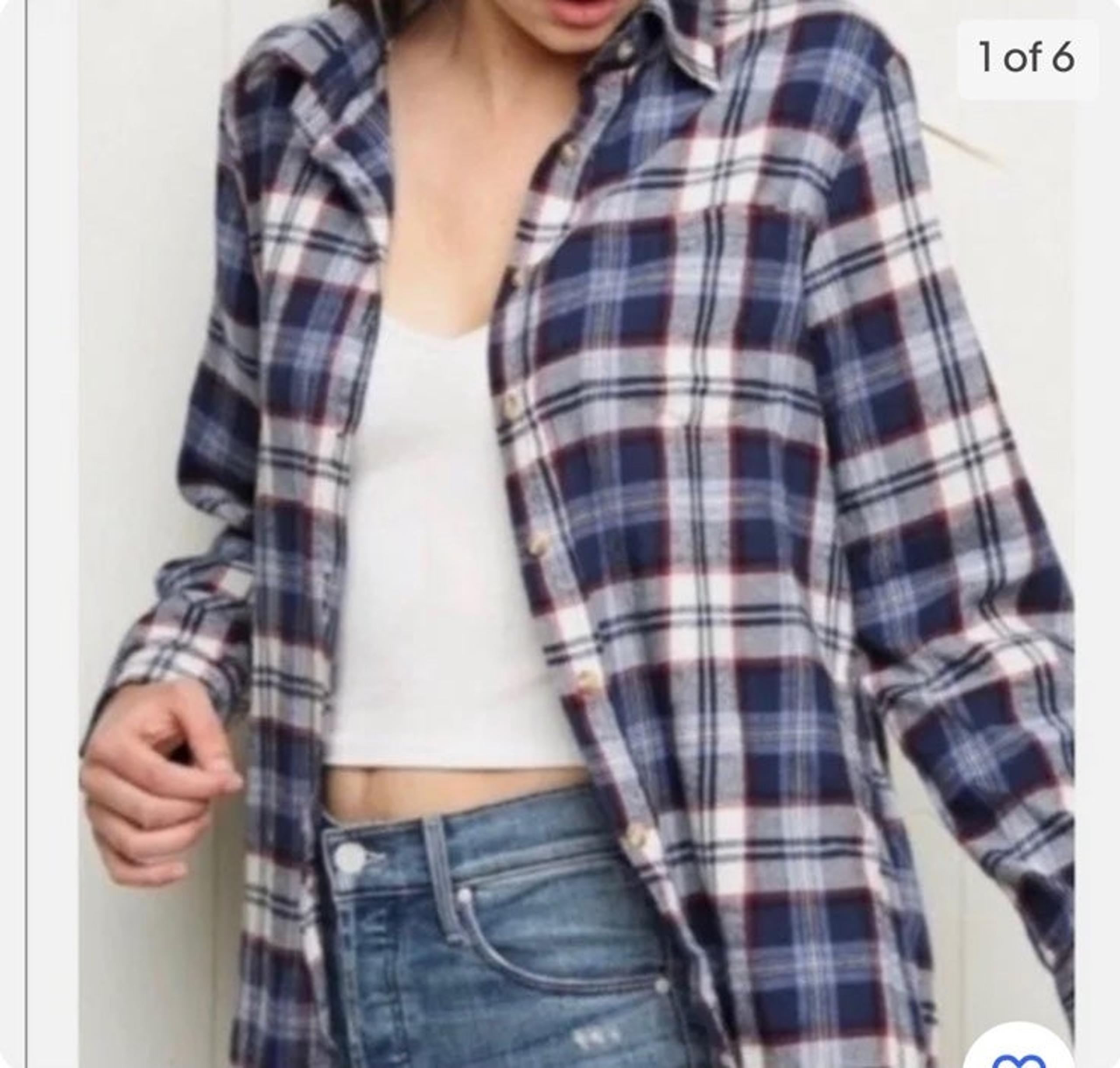 BRANDY MELVILLE - Flannel Button Down Shirt - Navy - Size S