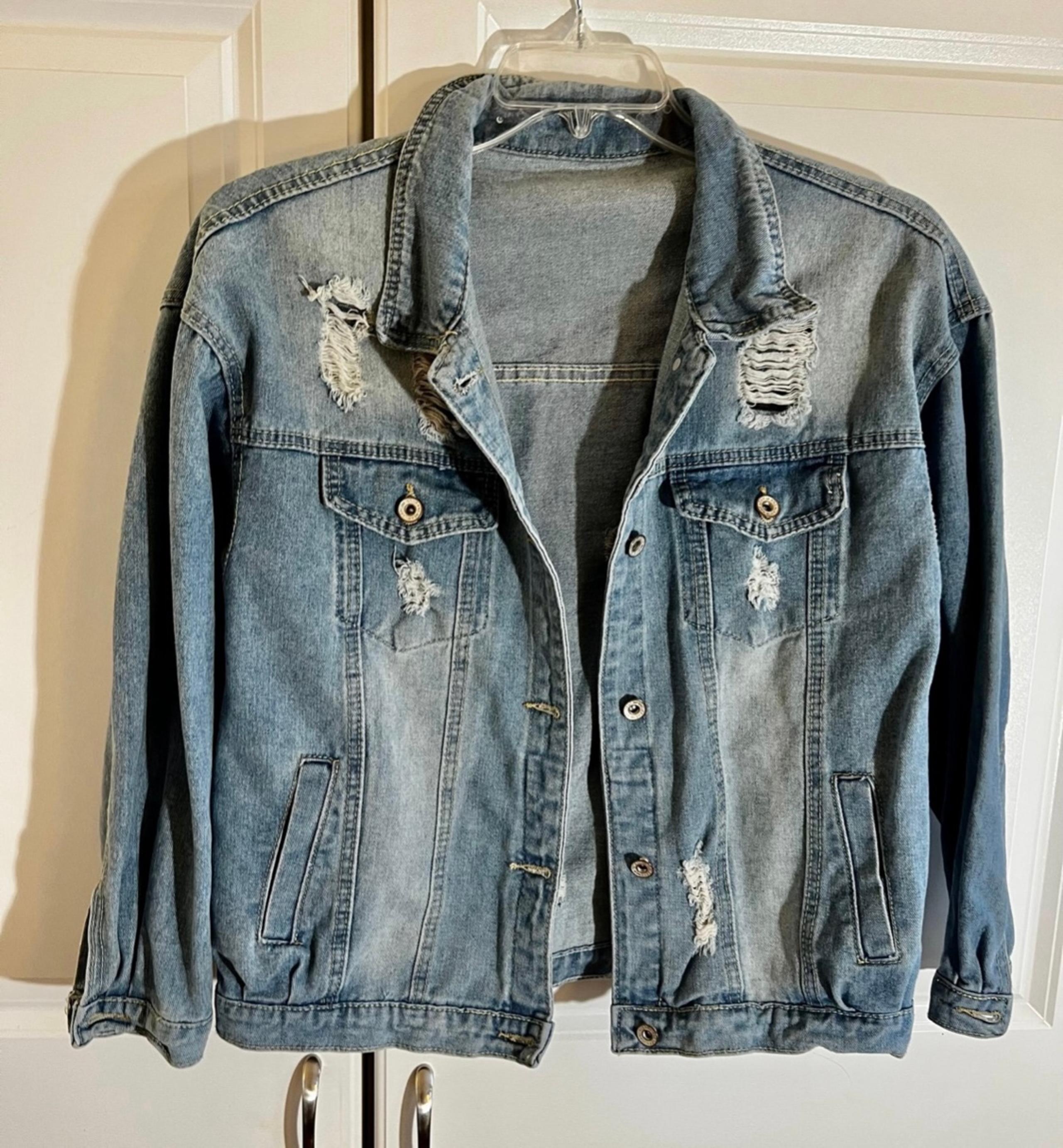 Jean Jacket shein Distressed  Ripped Drop Shoulder  Denim Jacket  Size Medium