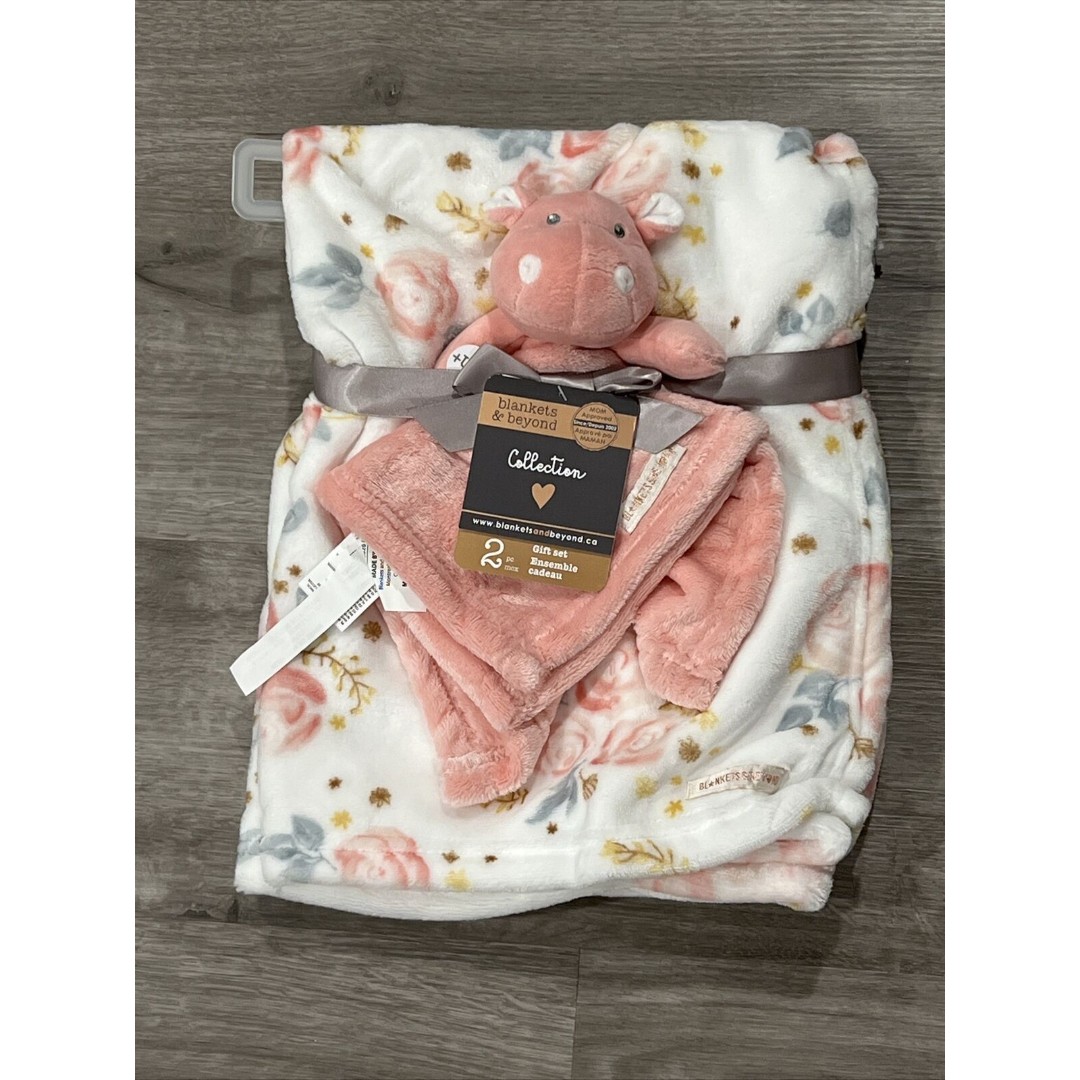 Blankets and Beyond Pink Hippo Lovey Roses Baby Plush Blanket 2 Pc Set New