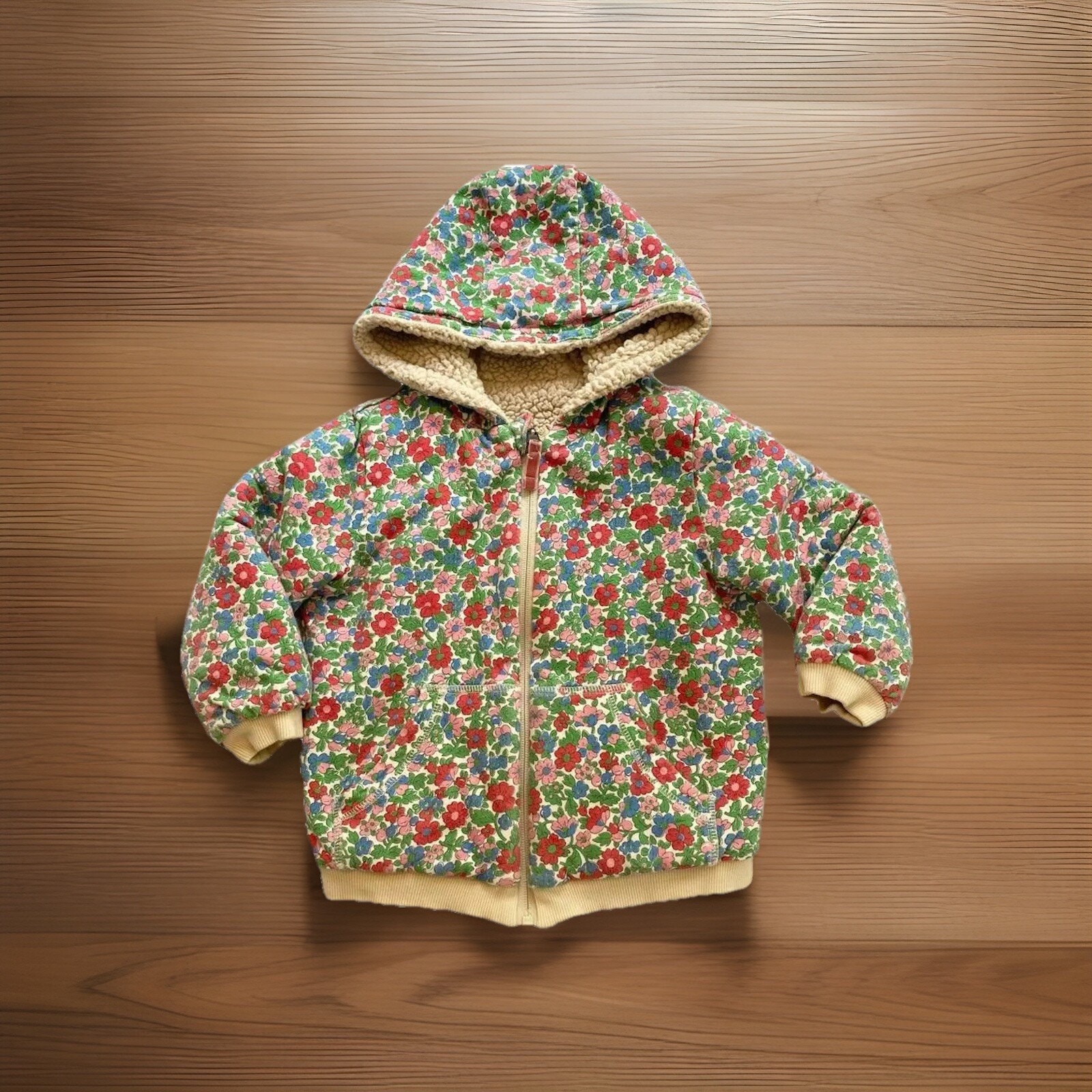 Mini Boden Reversible Floral Zip Up Fleece Sherpa Hooded Animal Ear Jacket 3t/4t