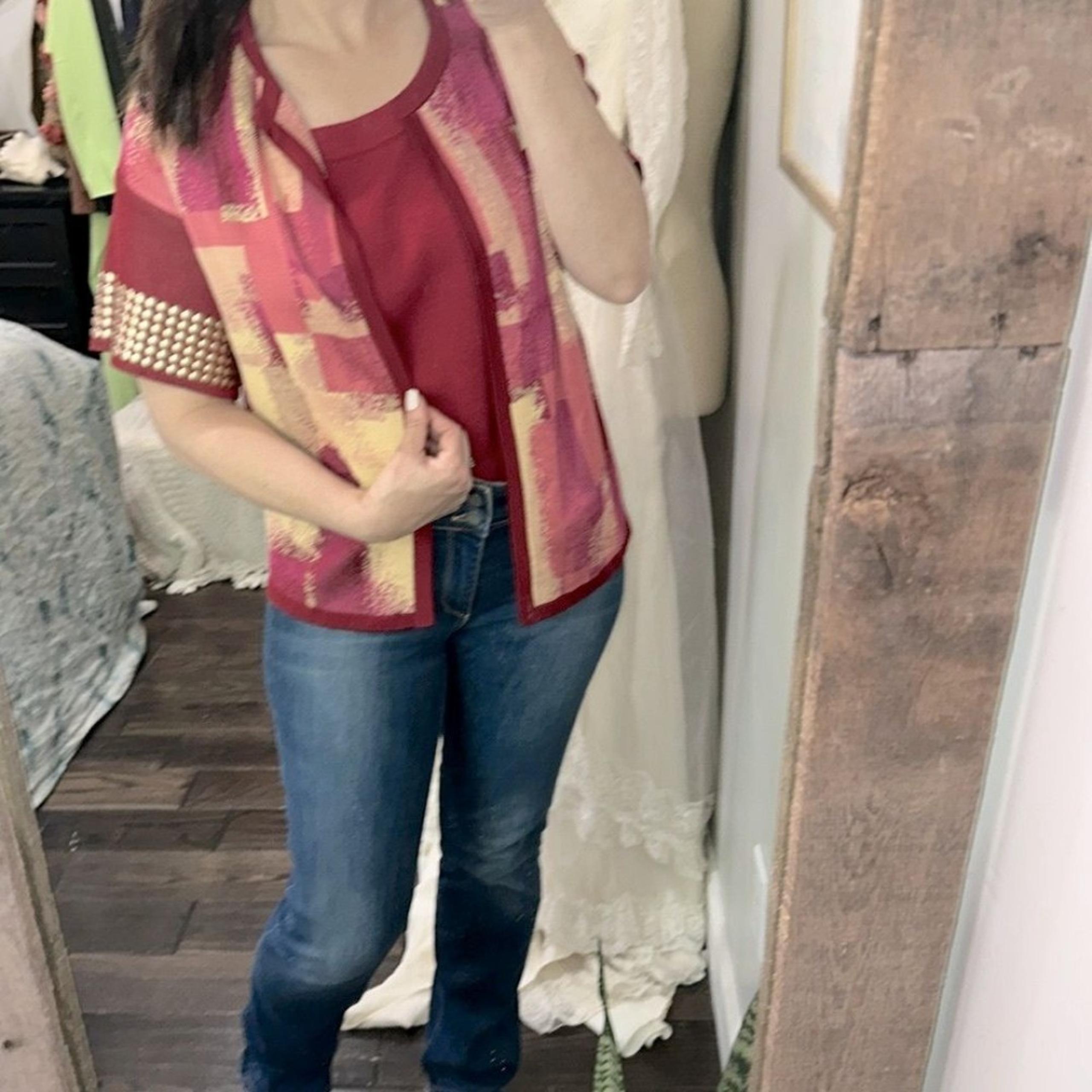 St John women’s knit cardigan and red top set size medium