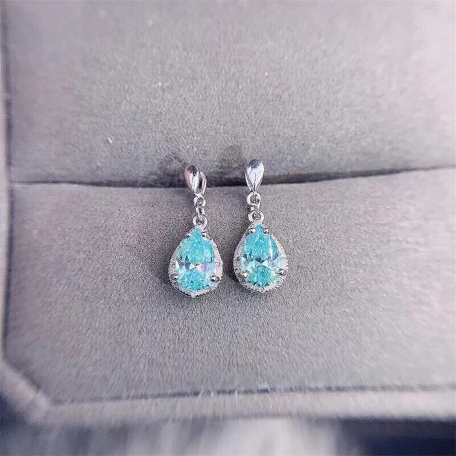 Blue Moissanite Dangle Earrings, VVS1 Pear Cut Ocean Blue Moissanite 1CT