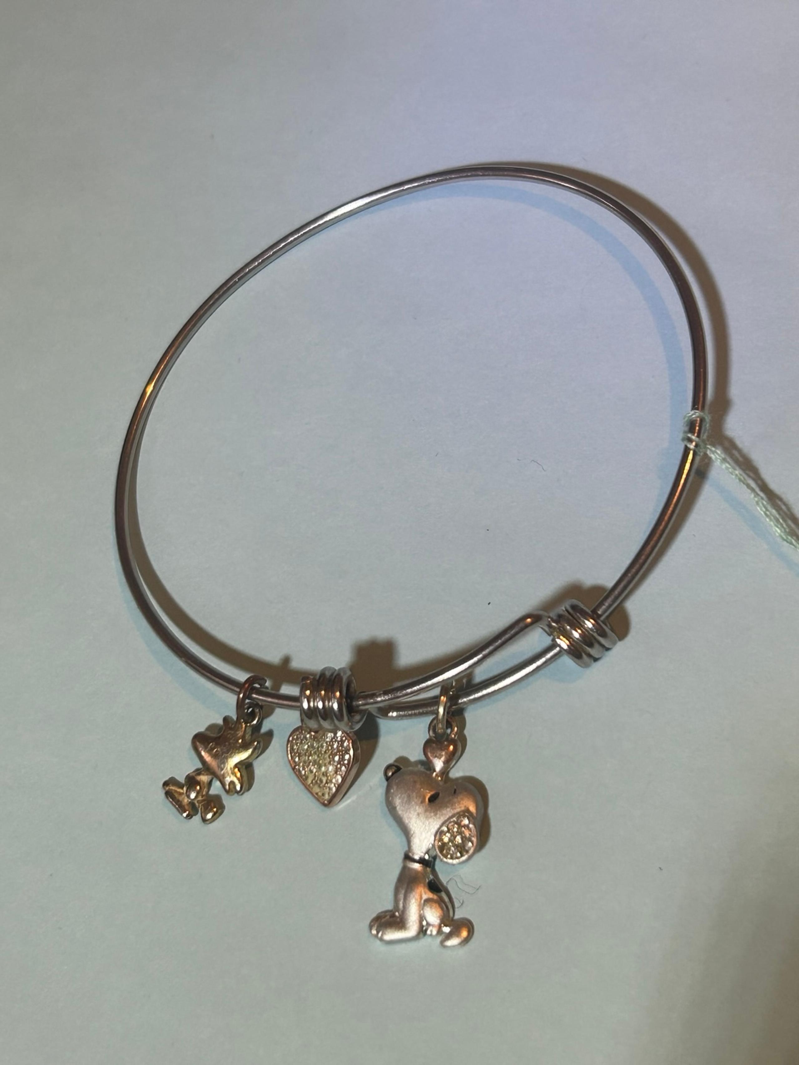 Unwritten Snoopy & Woodstock Bangle Bracelet in Stainless Steel with Silver Plat