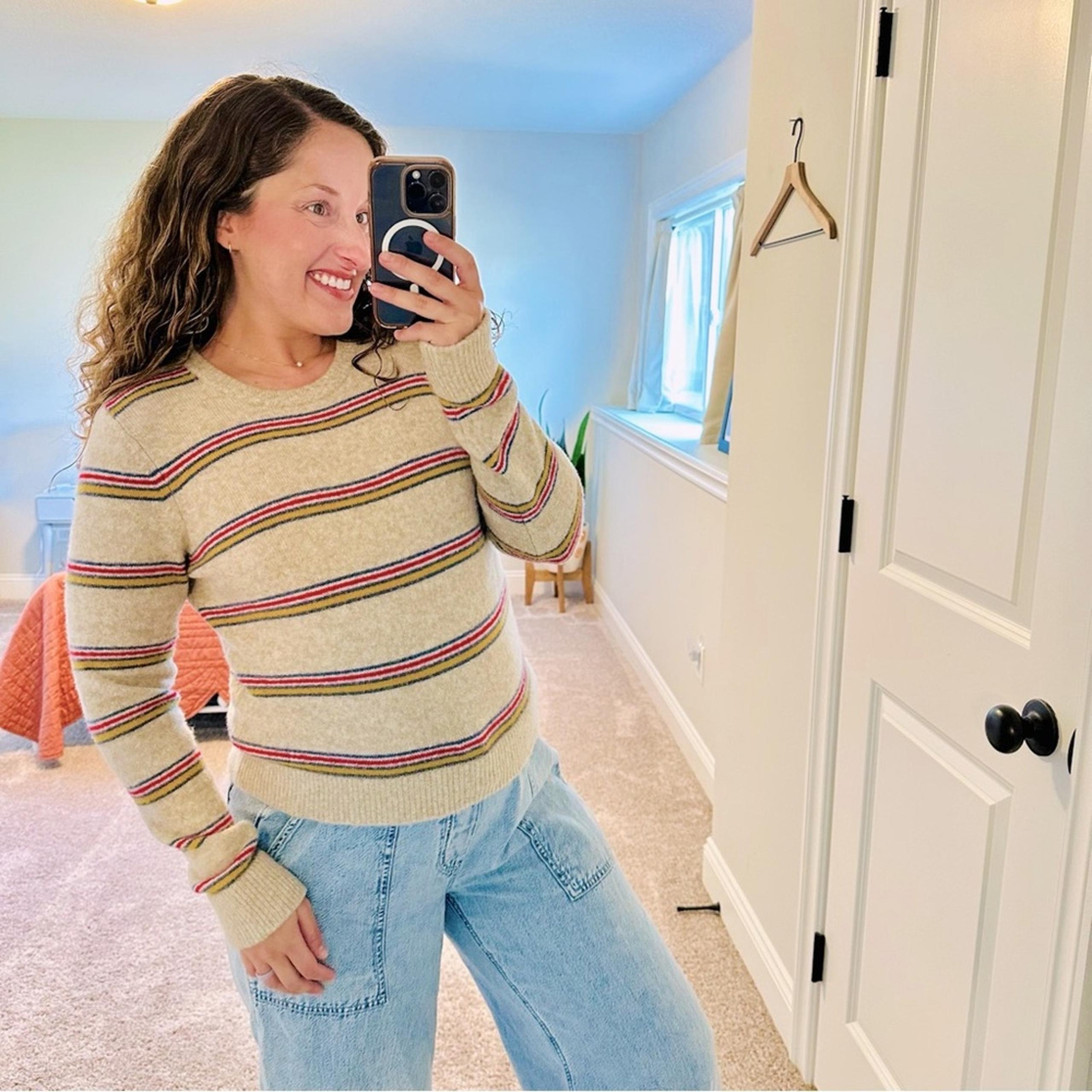 THE GREAT. Cream Striped Wool Yak Soft Crewneck Sweater 0 XS