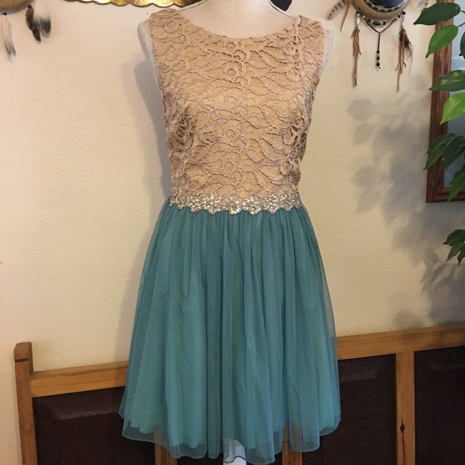 Jodi Kristopher tan & teal jeweled cocktail dress