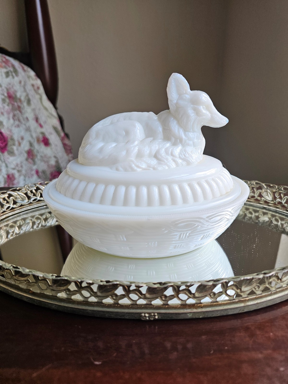 Vintage Mid Century Westmoreland Milk Glass Nesting Fox Dish