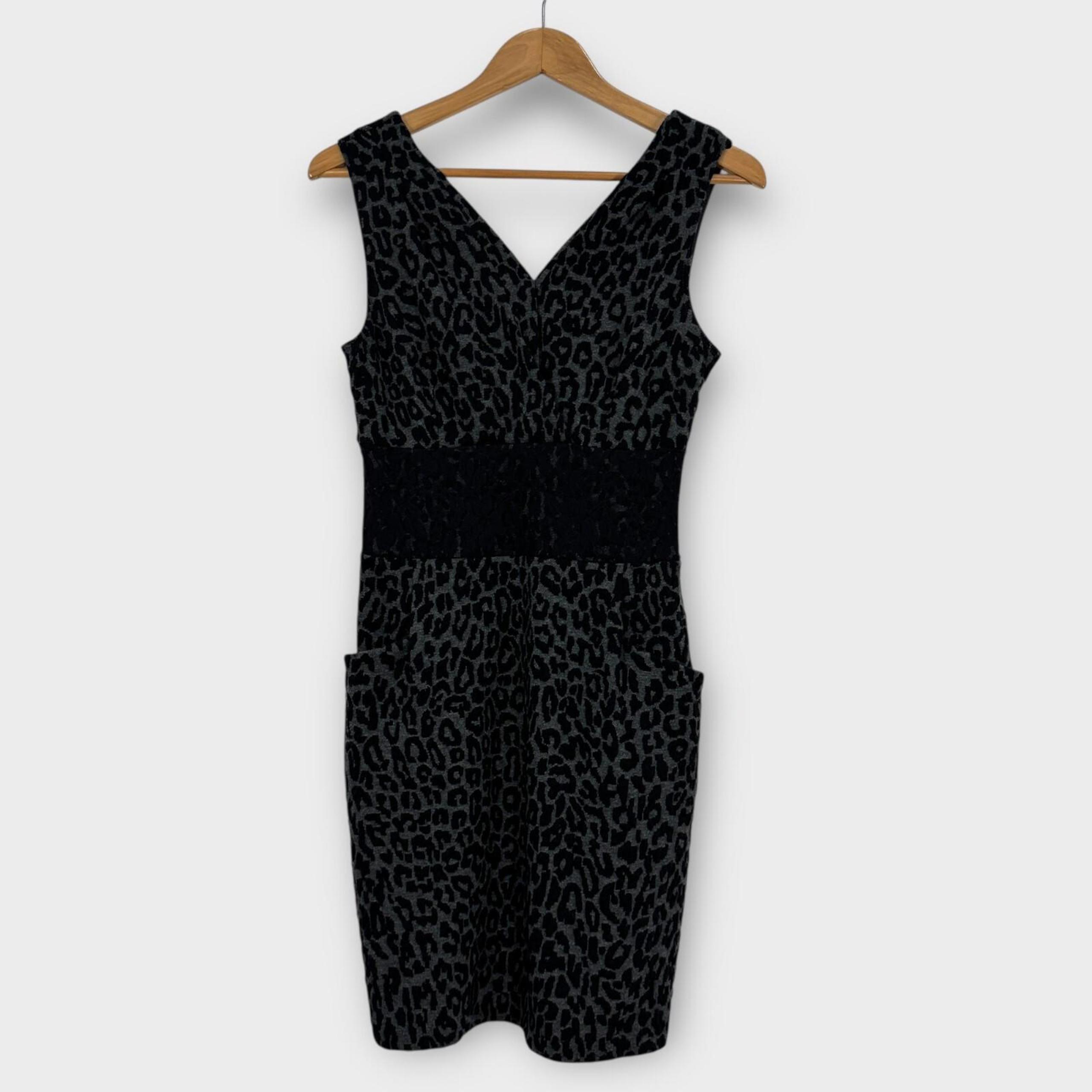 Weston Wear Womens Size Small Black Gray Leopard Print Lace Waist Sheath Dress
