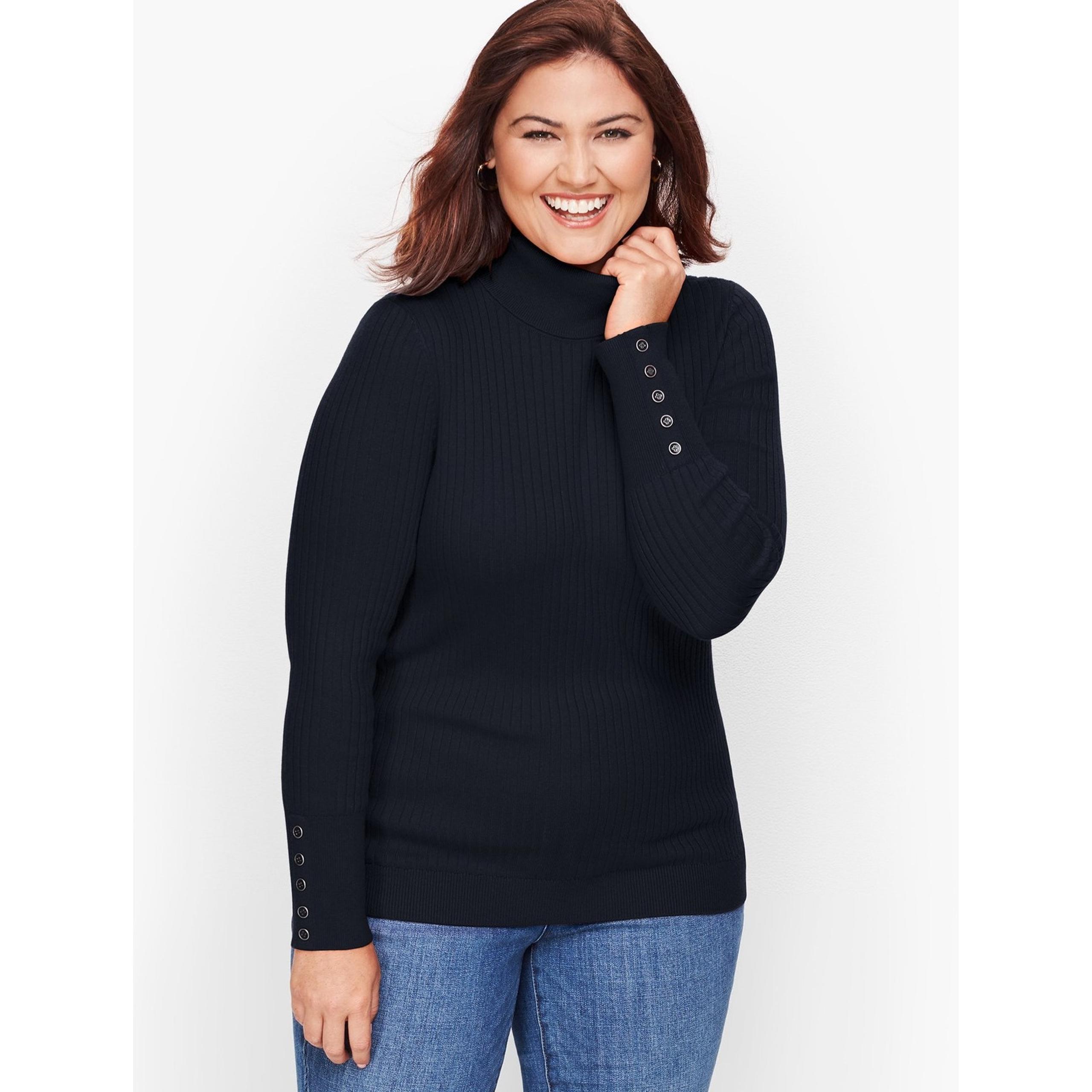 Talbots Size Large Button Cuff Ribbed Turtleneck Sweater Black Cotton Blend