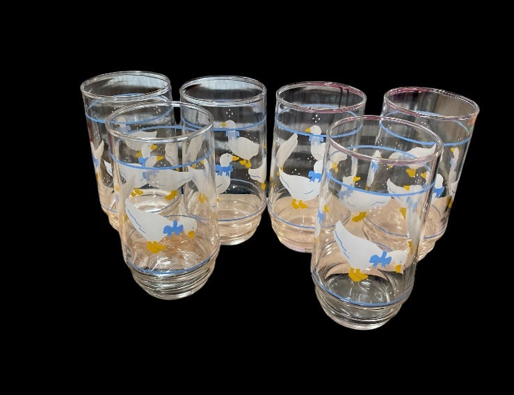 Set of 6 Libbey Drinking Goose Glasses White Geese With Blue Bow Vintage