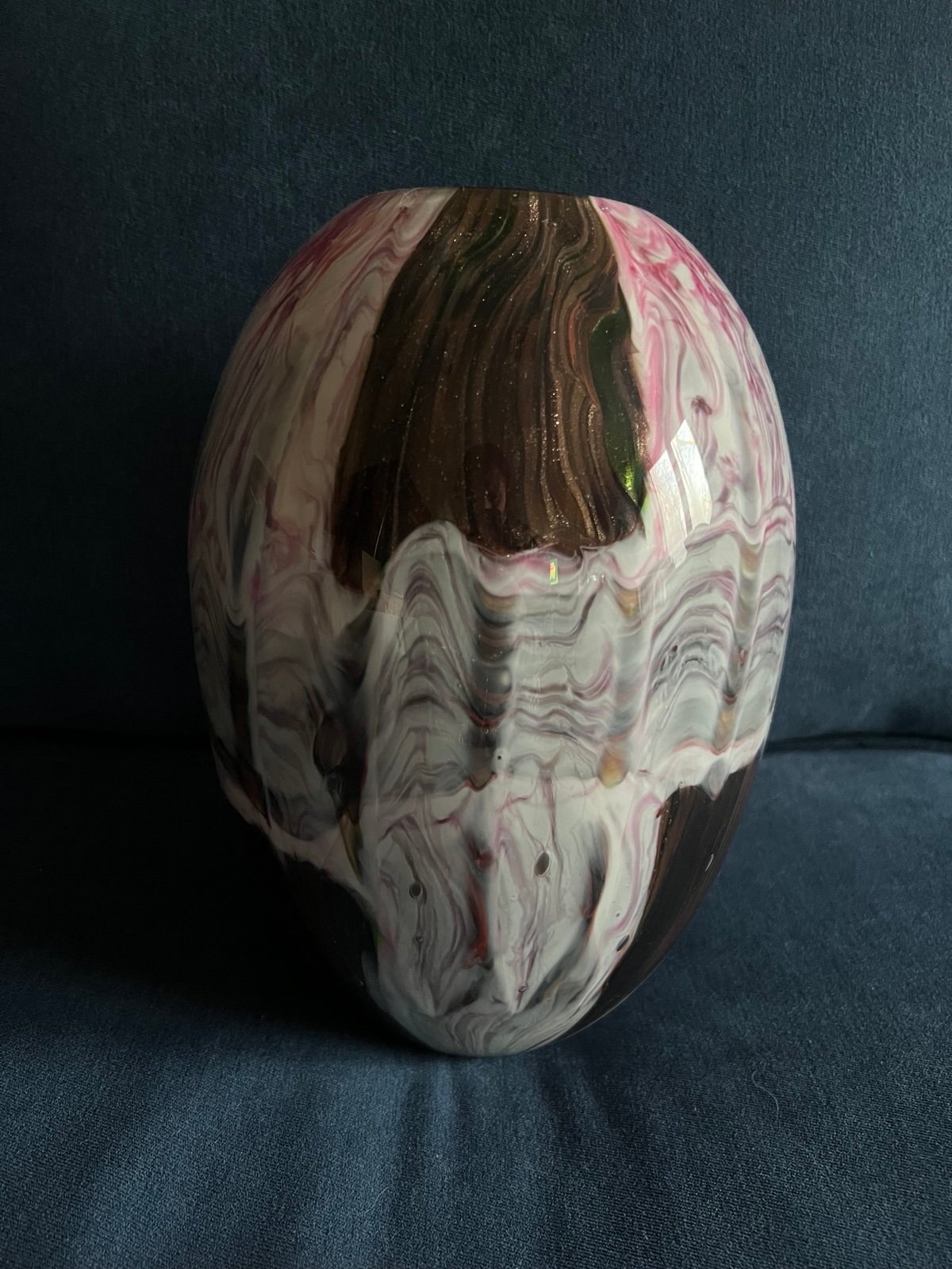 Art Glass Heavy Multicolored Vase Pink, Brown, Gray, Green Glossy