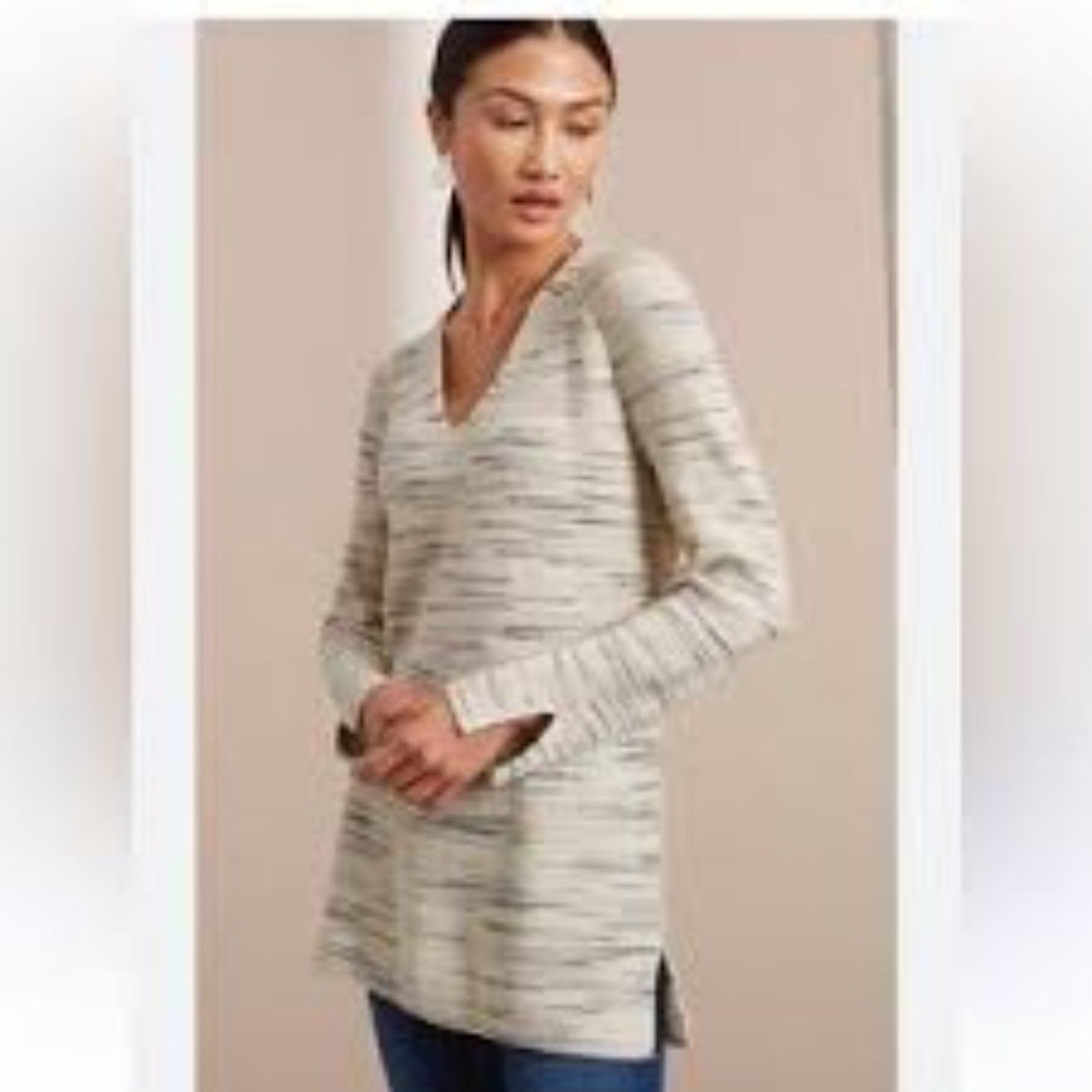 j.jill purejill V-Neck Sweater Rib Knit Marled Gray/Cream Women's Sz M/Petite