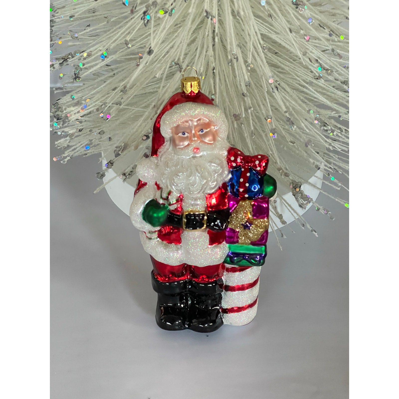 BK Glass Santa Claus Holding A Candy Cane Christmas Ornament