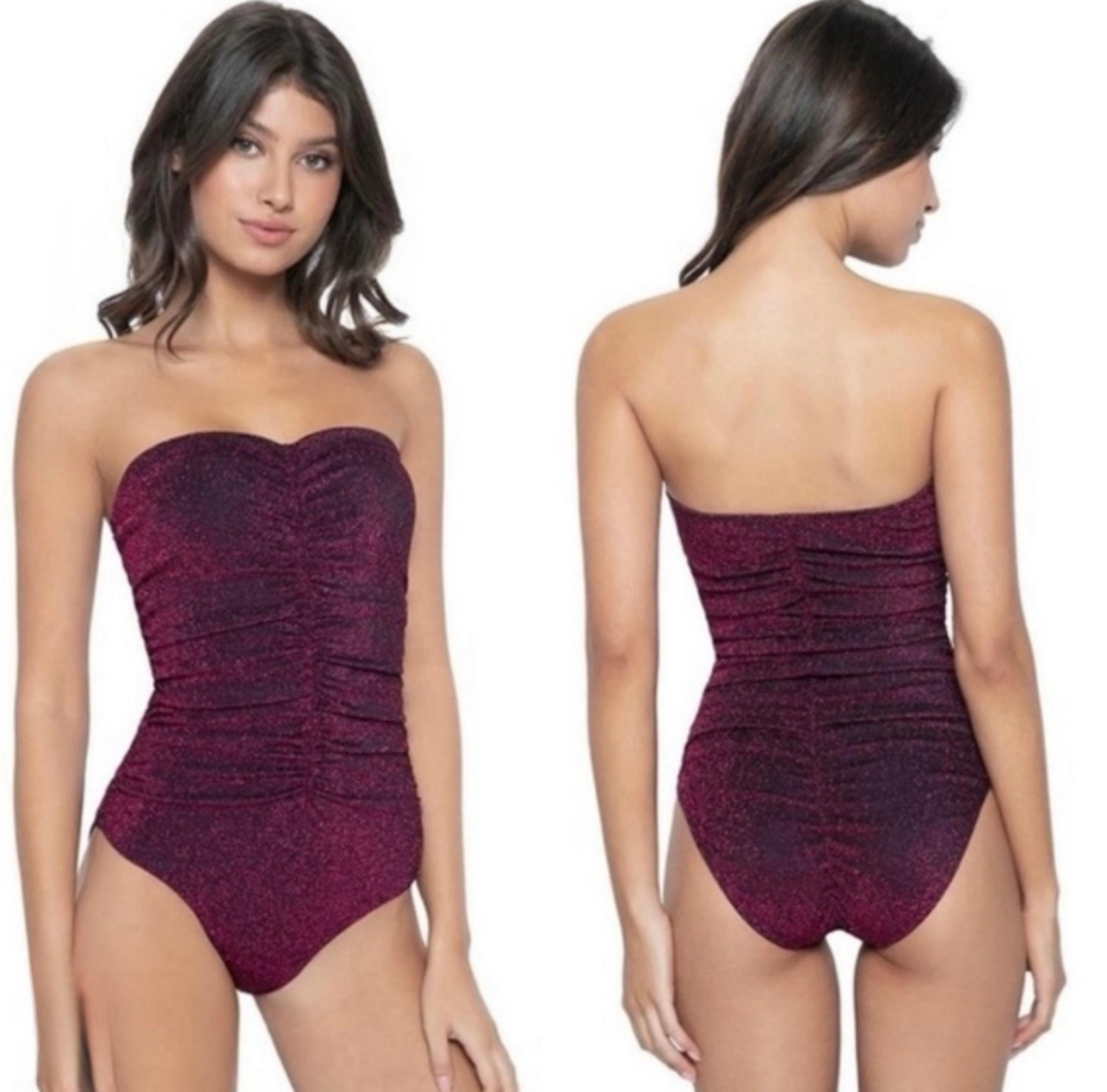 PQ Swim Garnet Ruched One Piece Women’s Strapless Burgundy Swimsuit Size Small