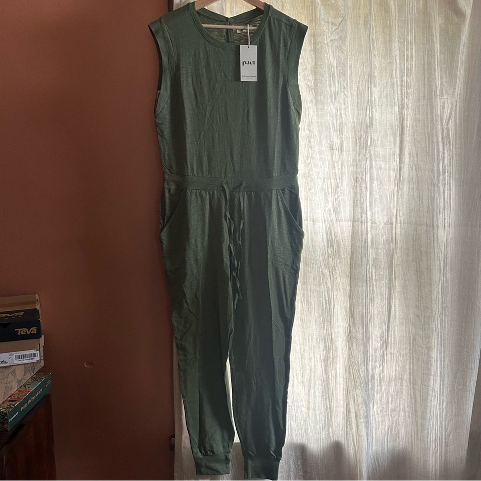 Pact Olivine Relaxed Slub Muscle Tee Jumpsuit Organic Cotton Green NWT Size M