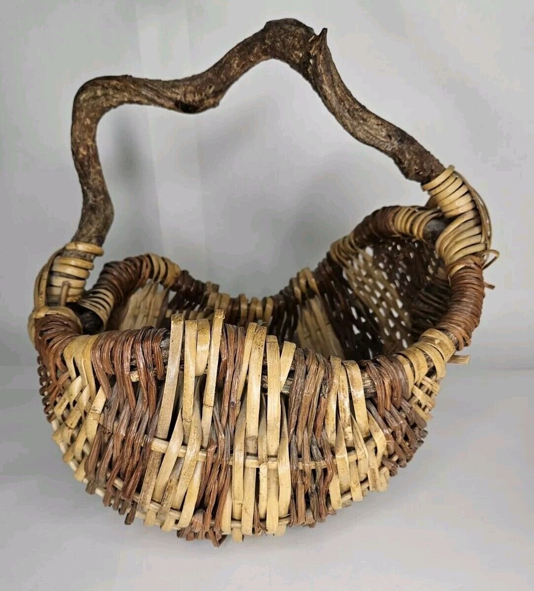 Primitive Eye of God Wicker Basket Bent Tree Branch Handle Hand Woven