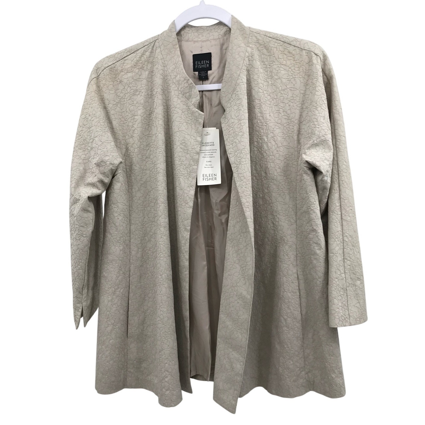 Eileen Fisher Beige Florette Jacquard Open Front 3/4 Blazer Womens S