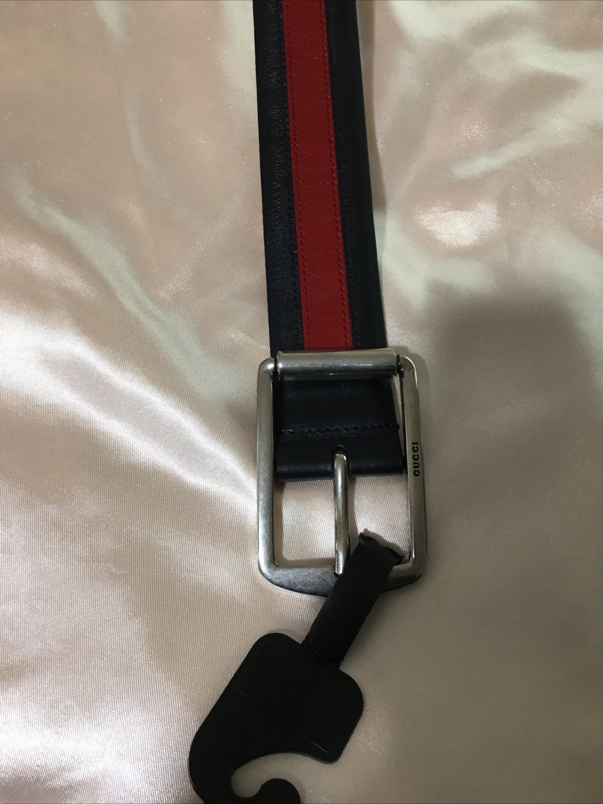 New Gucci Sylvie, web accent, Silvertone Leather belt size 46