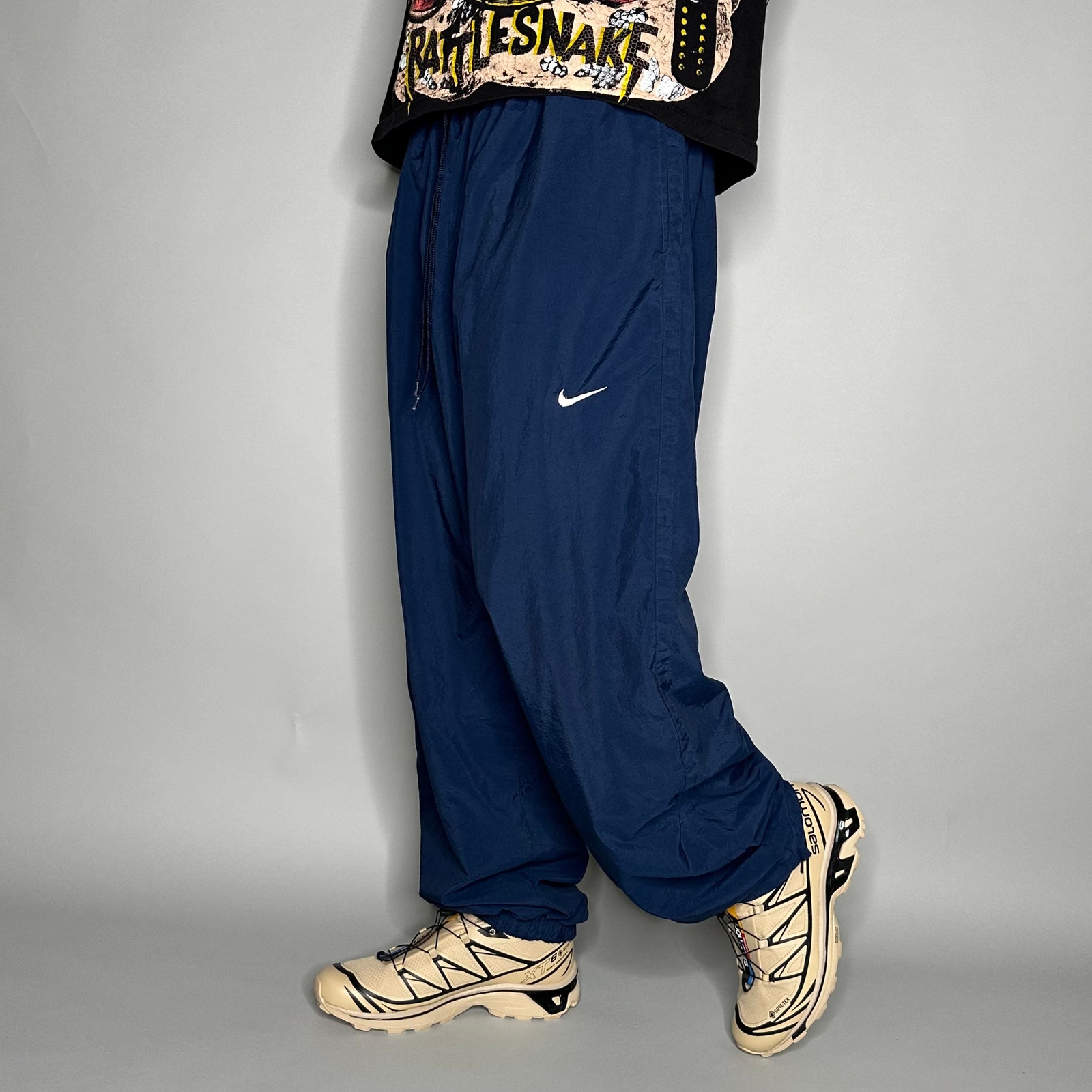 Vintage Nike Track Pants Navy Blue Nylon Joggers White Embroidered Swoosh Y2K