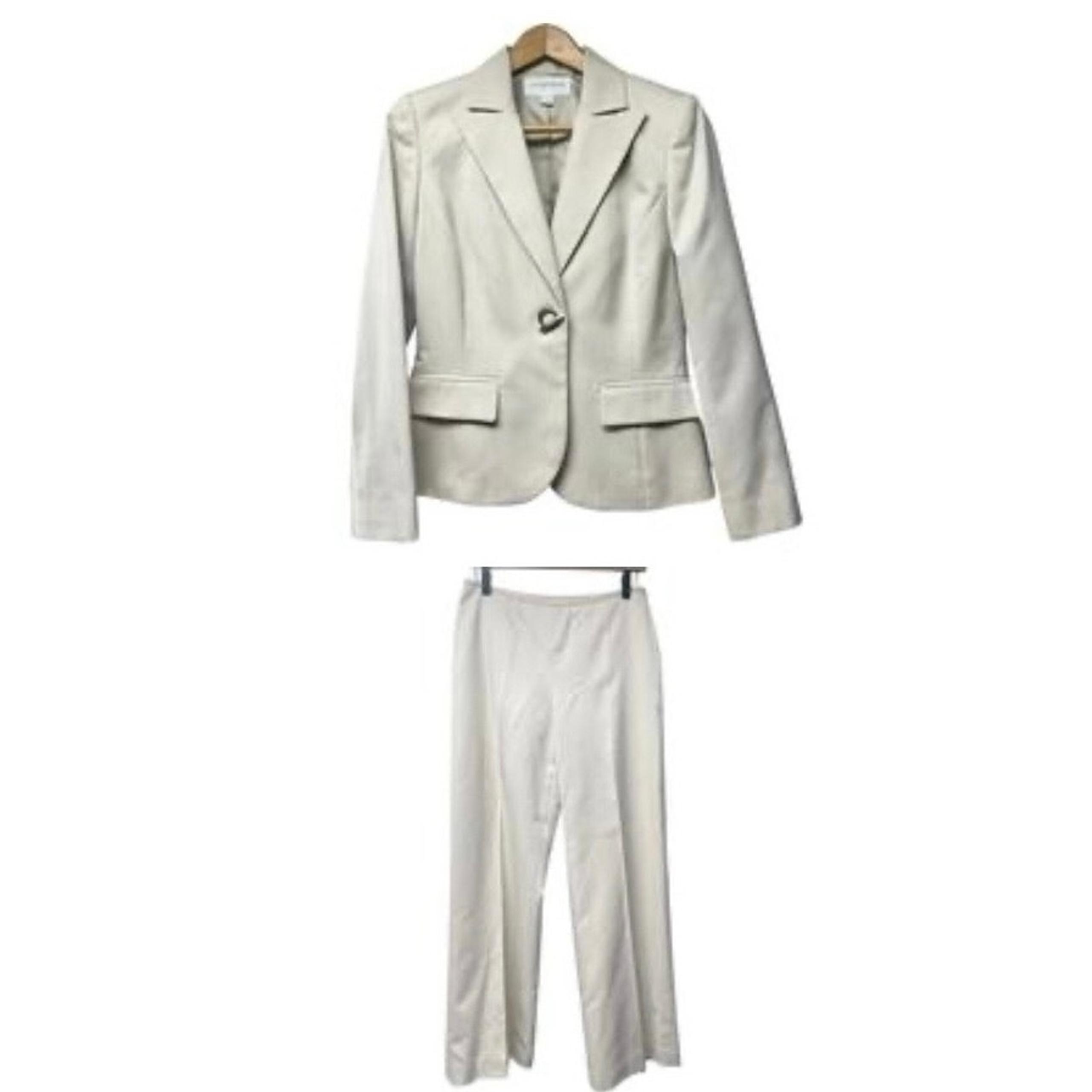 Liz Claiborne 2 Piece Beige Pant Suit Herringbone Wide Leg Trouser Size 4 Flaw