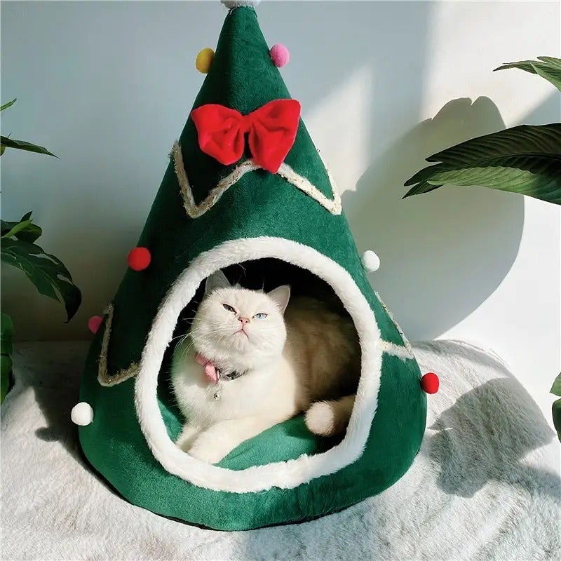 Christmas Green Cat House Winter Warm Cat Nest Removable And Washable Cat Bed