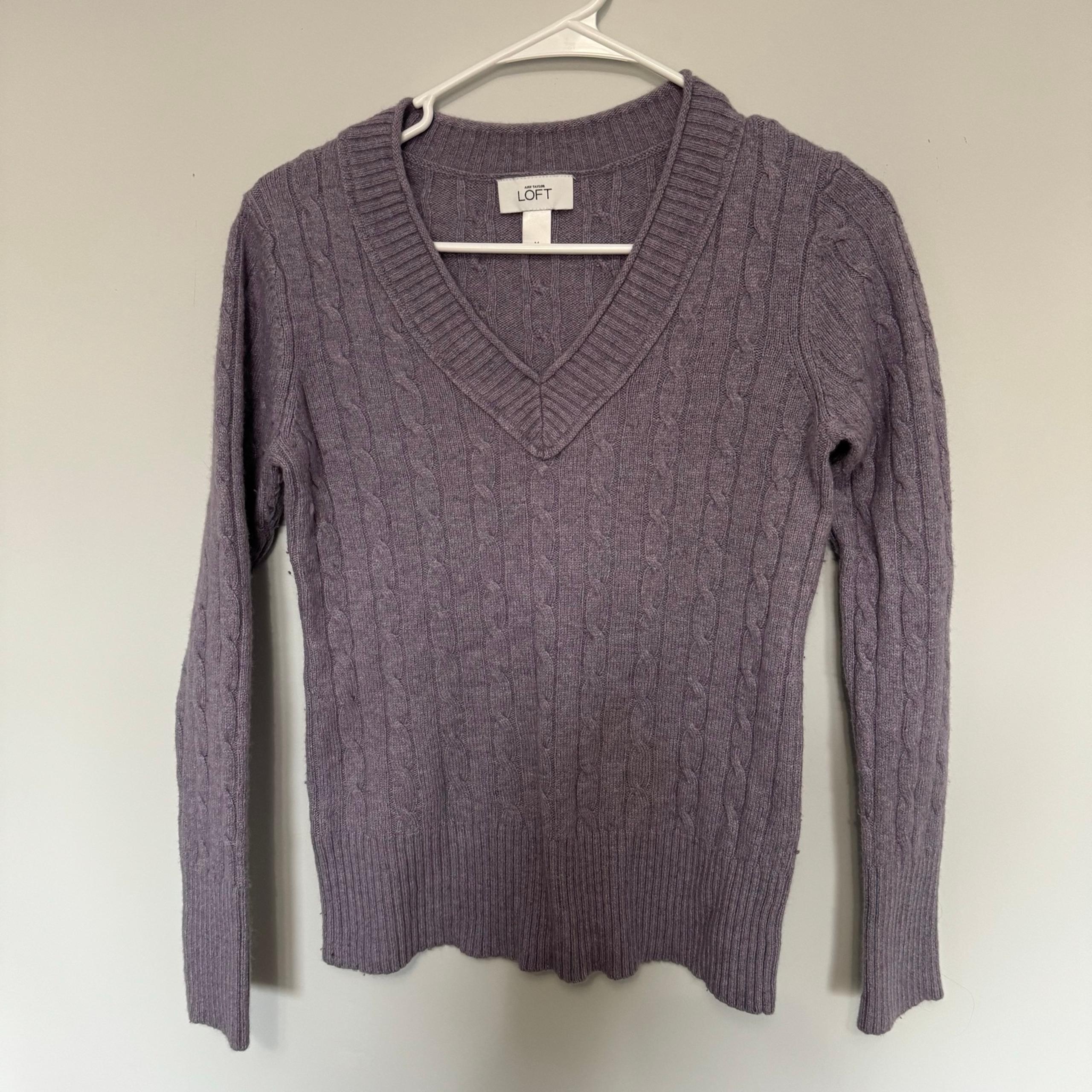 LOFT Purple V-Neck Sweater Rabbit Wool Blend Cable Knit