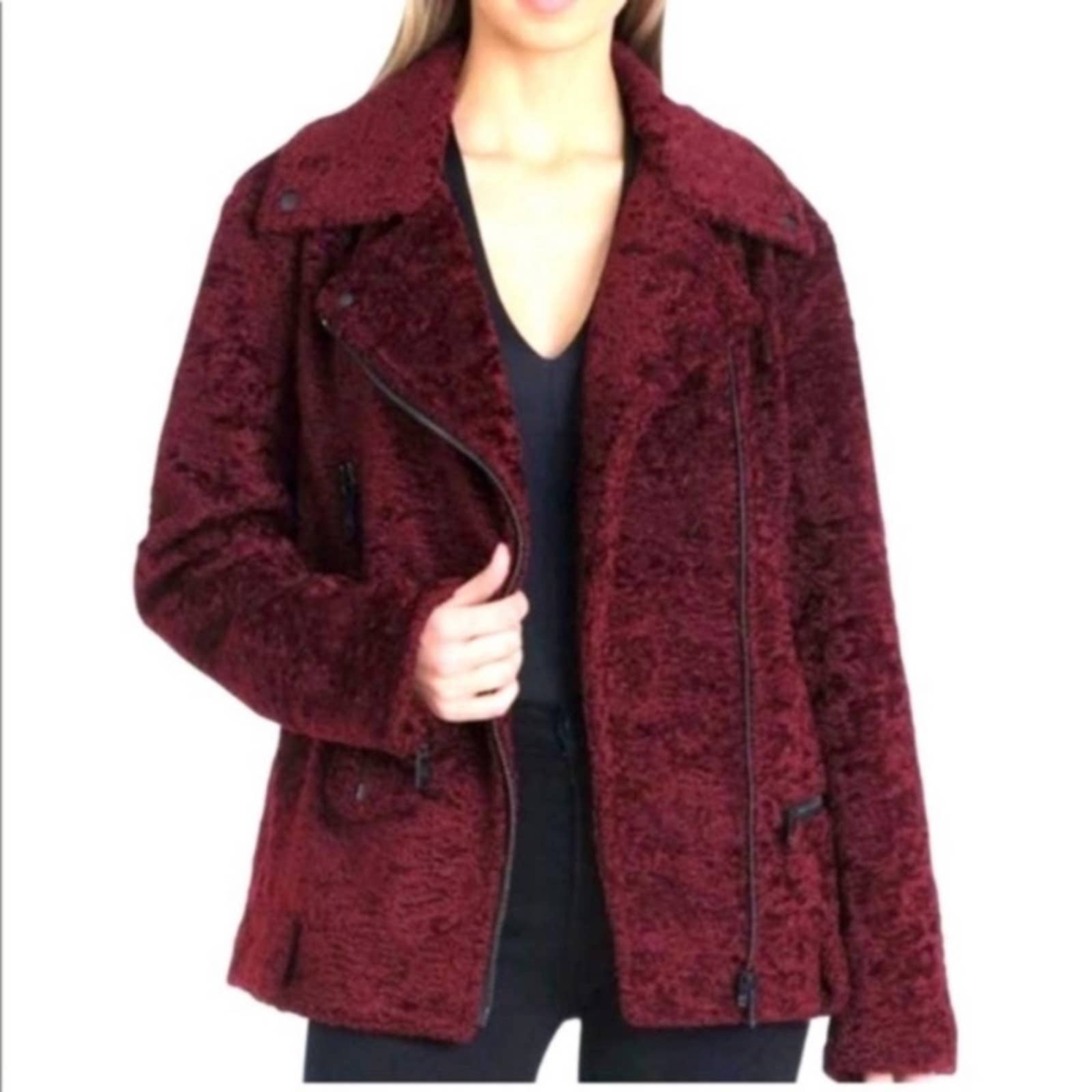 AVEC LES FILLES Faux Fur Burgundy Moto Zip Jacket