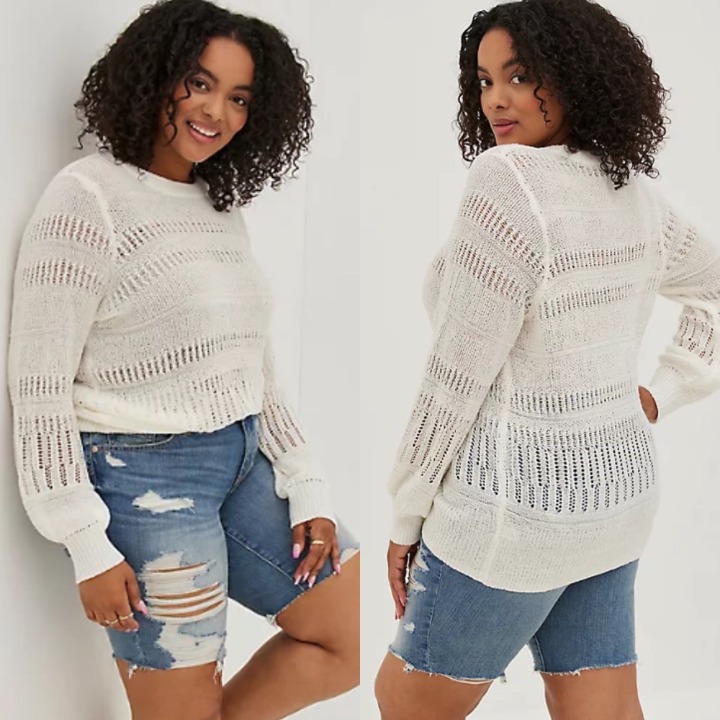 Torrid Womens NWT Ivory Pointelle Pullover Balloon Sleeve Ribbed Hem Sweater 2X