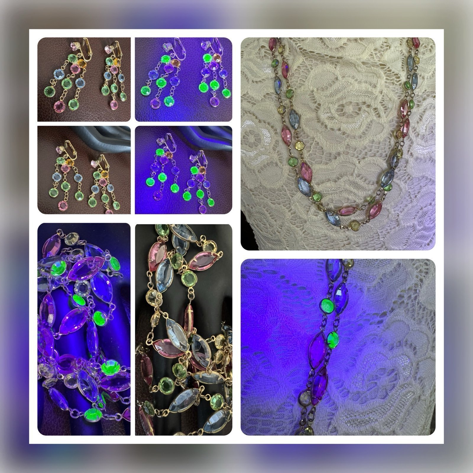 Vintage Austrian Crystal Bezel Necklace, Uranium Crystal Necklace & Earrings