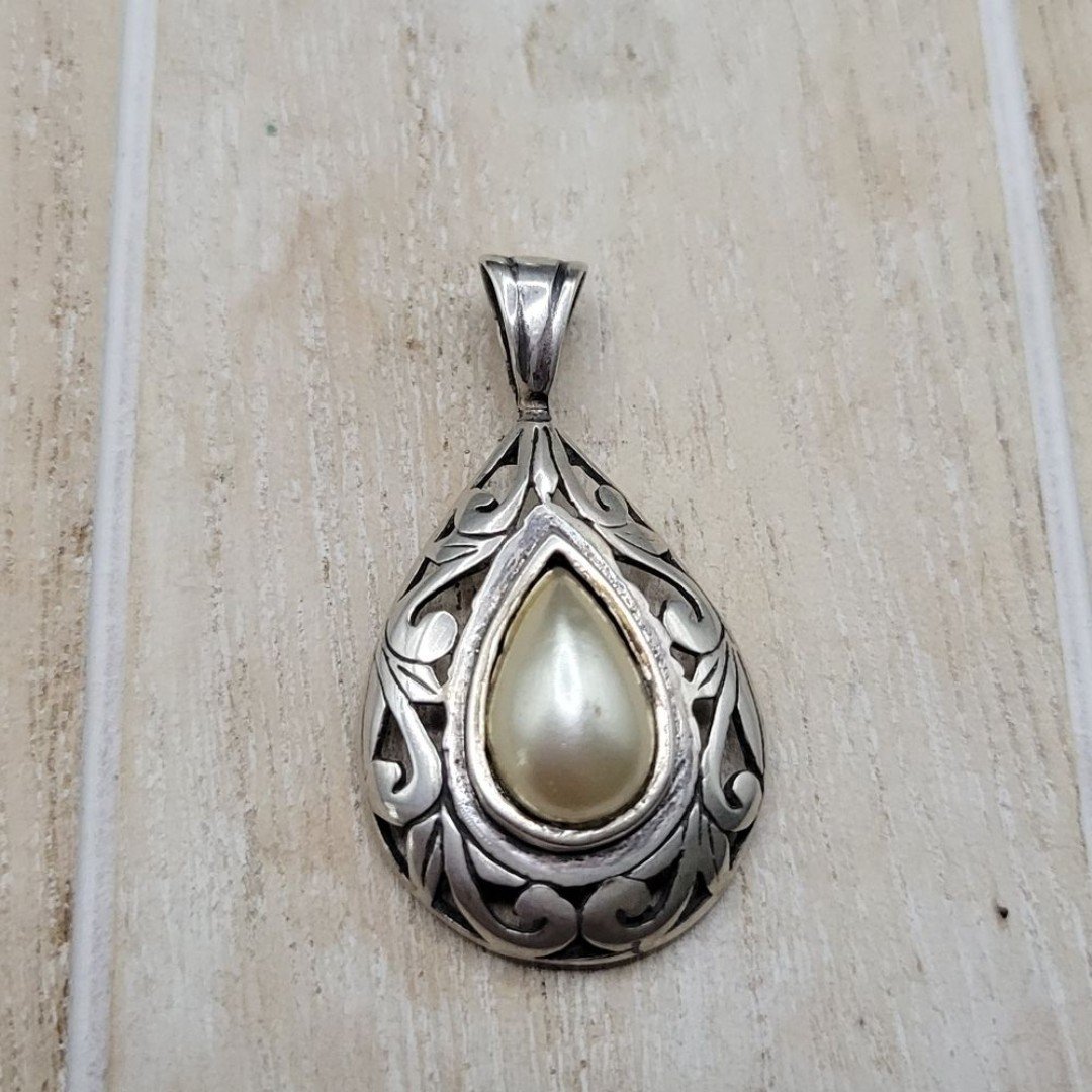 Vintage Jezlaine Sterling silver Tear Drop Faux Pearl Necklace Pendant