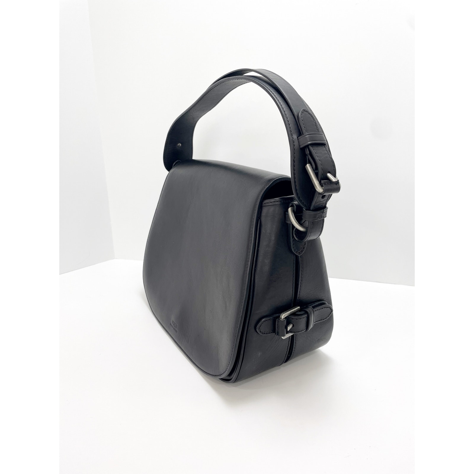 Polo Ralph Lauren Saddle Bag Shoulder Bag Black Leather Buckle