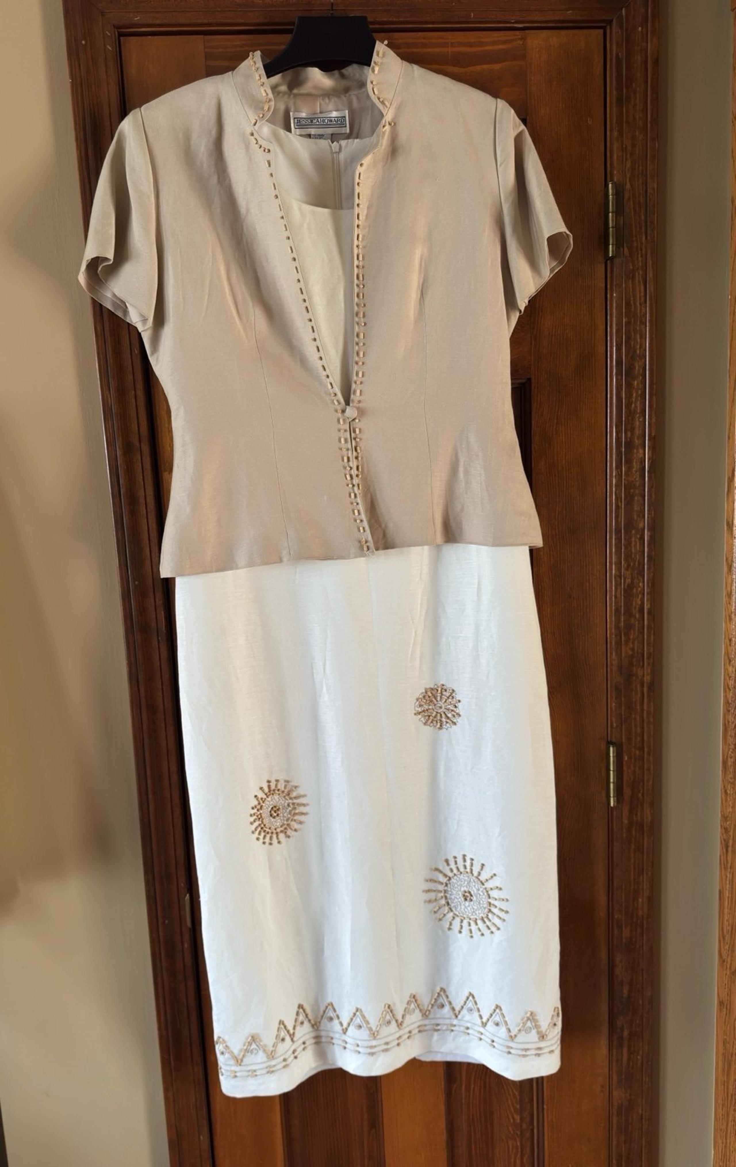 Vintage 90s Jessica Howard Linen Blend Two Piece Beaded Midi Dress Suit - 10