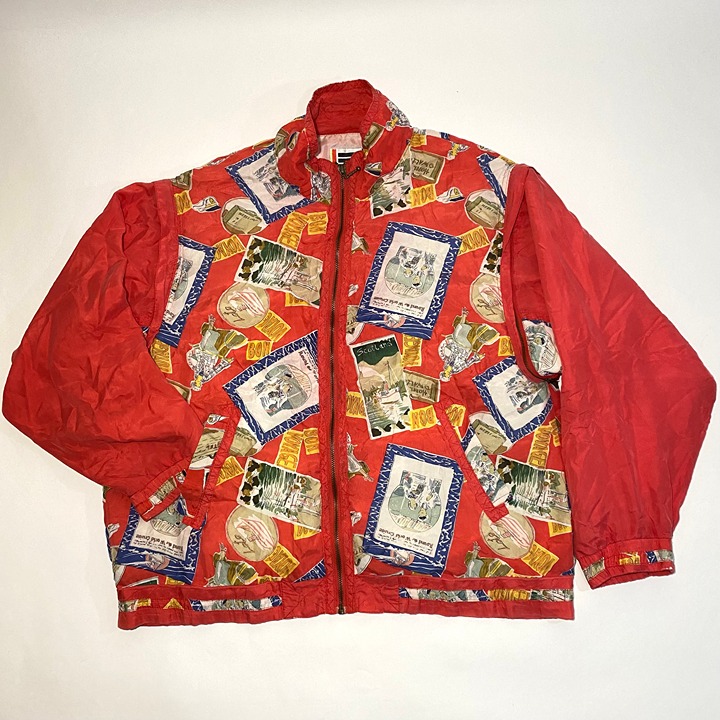 Vintage EVR Div Rousso Apparel Group Red Silk Print Quilted Sleeves Bomber Jacke