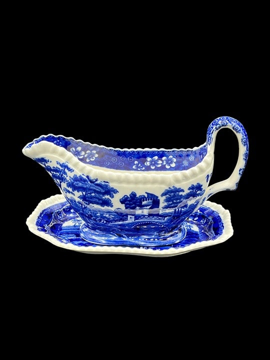 Spode's Tower Blue Copeland England Gravy Boat with Under Plate