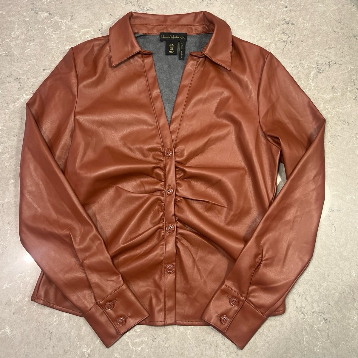 House of Harlow 1960 Vegan Leather Brown Scrunch Button Up Jacket Size M