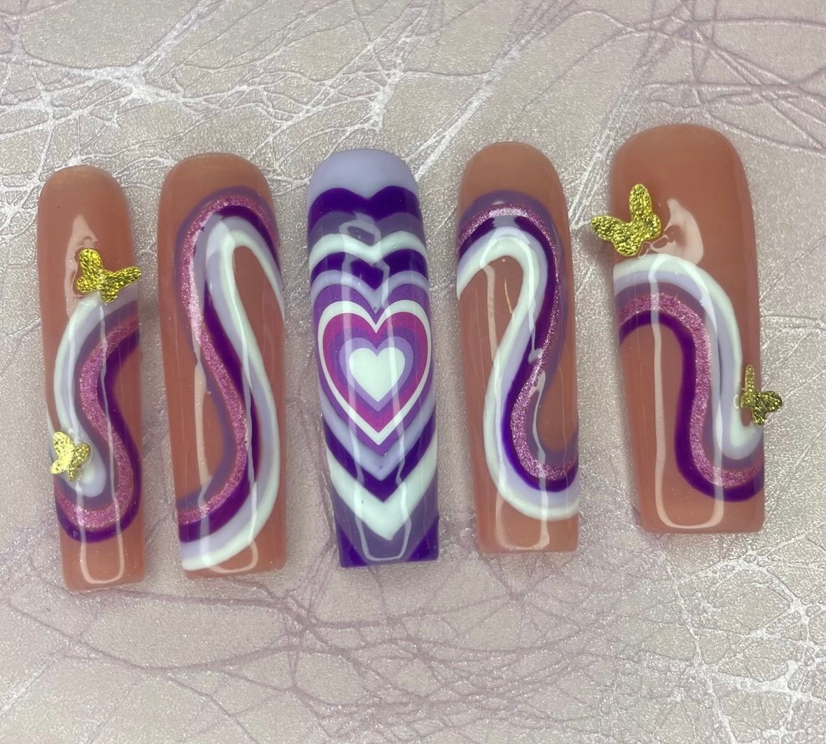 Extra long square purple white press on nails butterflies hearts glitter custom