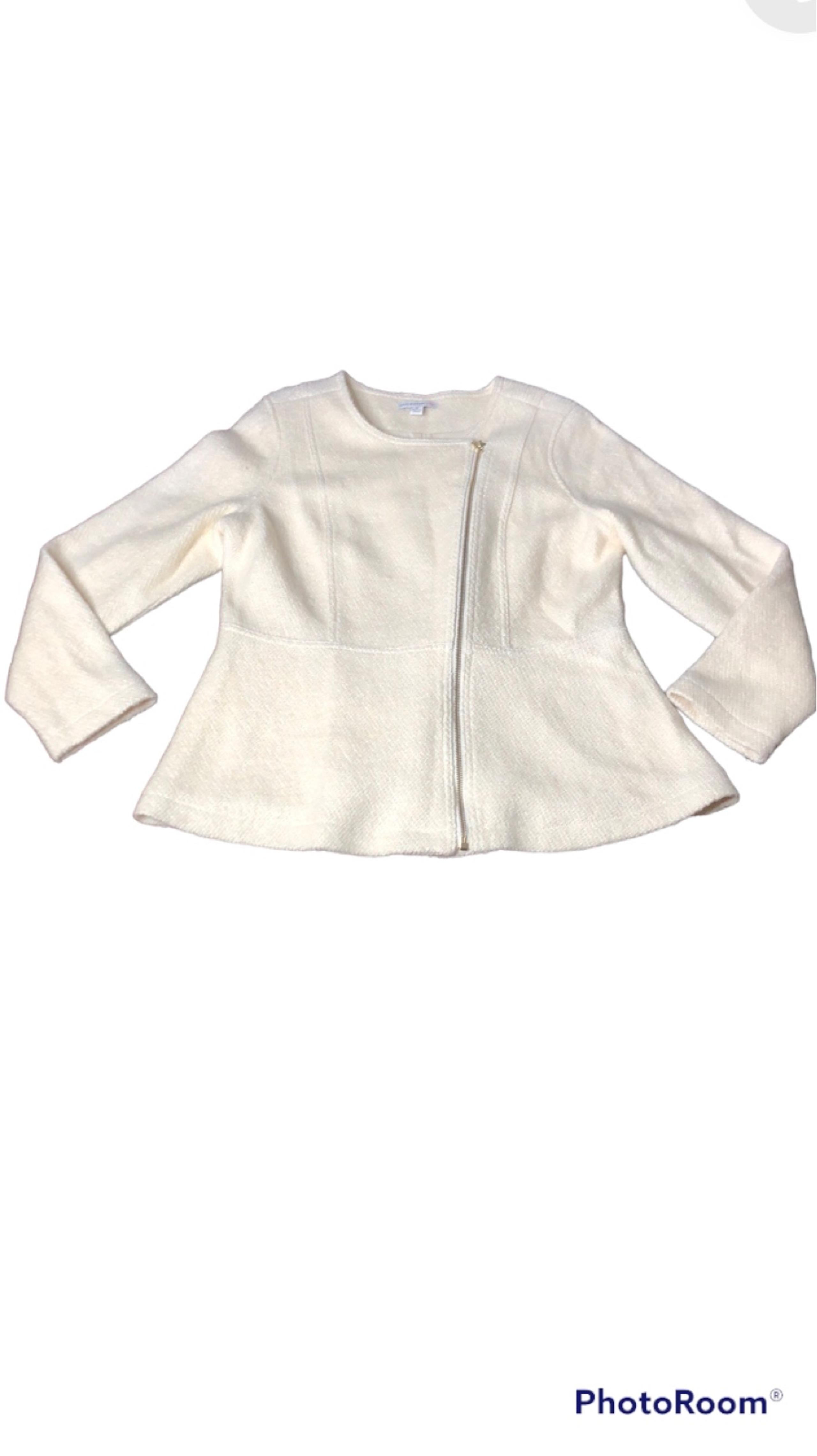 Isaac Mizrahi Winter White Boucle Peplum Motorcycle Jacket Womens Size M