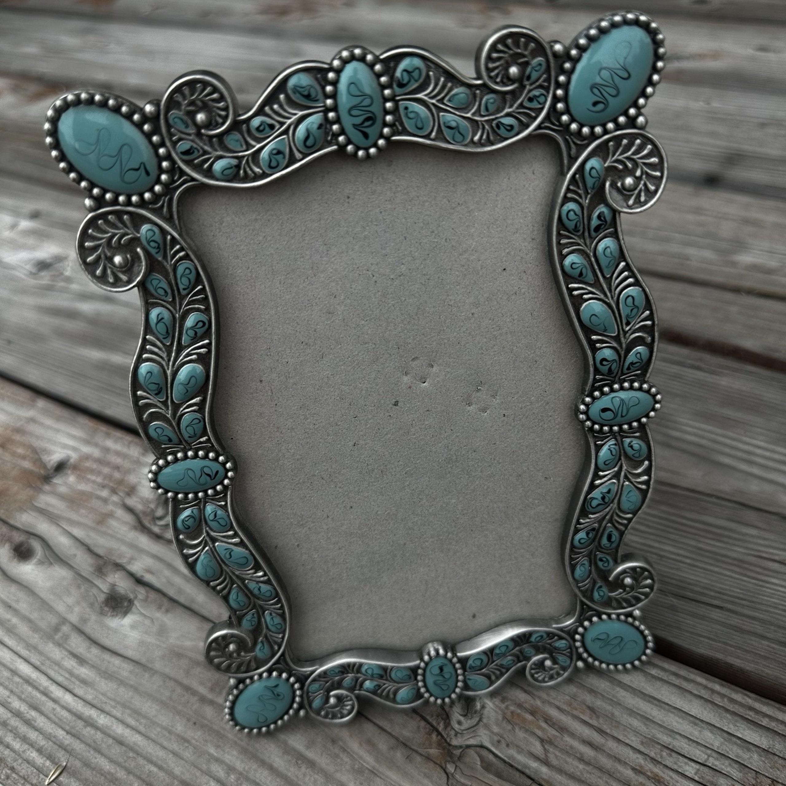 Vintage Americana western silver Silvertone and turquoise photo frame