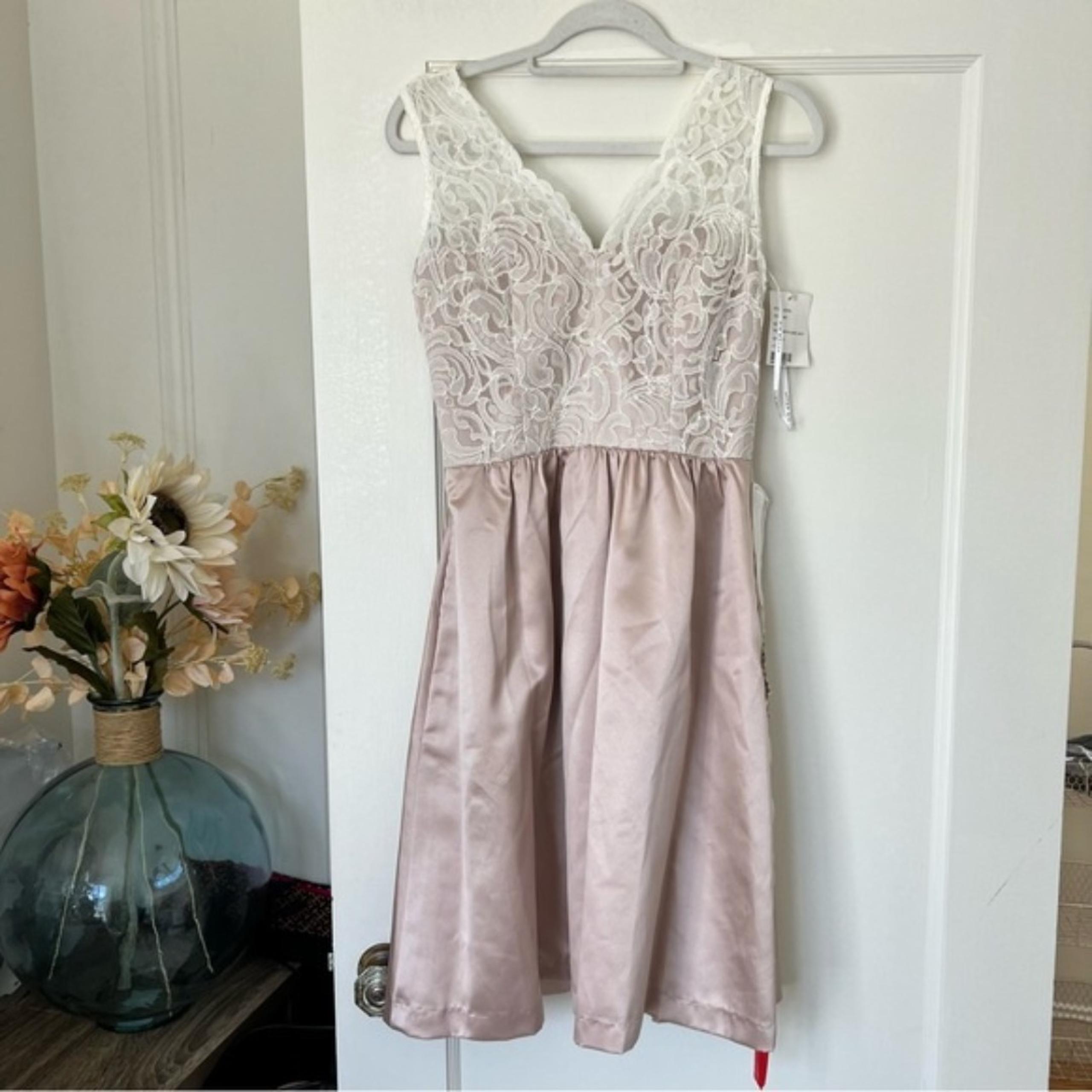 Dessy Collection After Six Cameo Cream Blush Lace Cocktail V Neck Dress Size 8