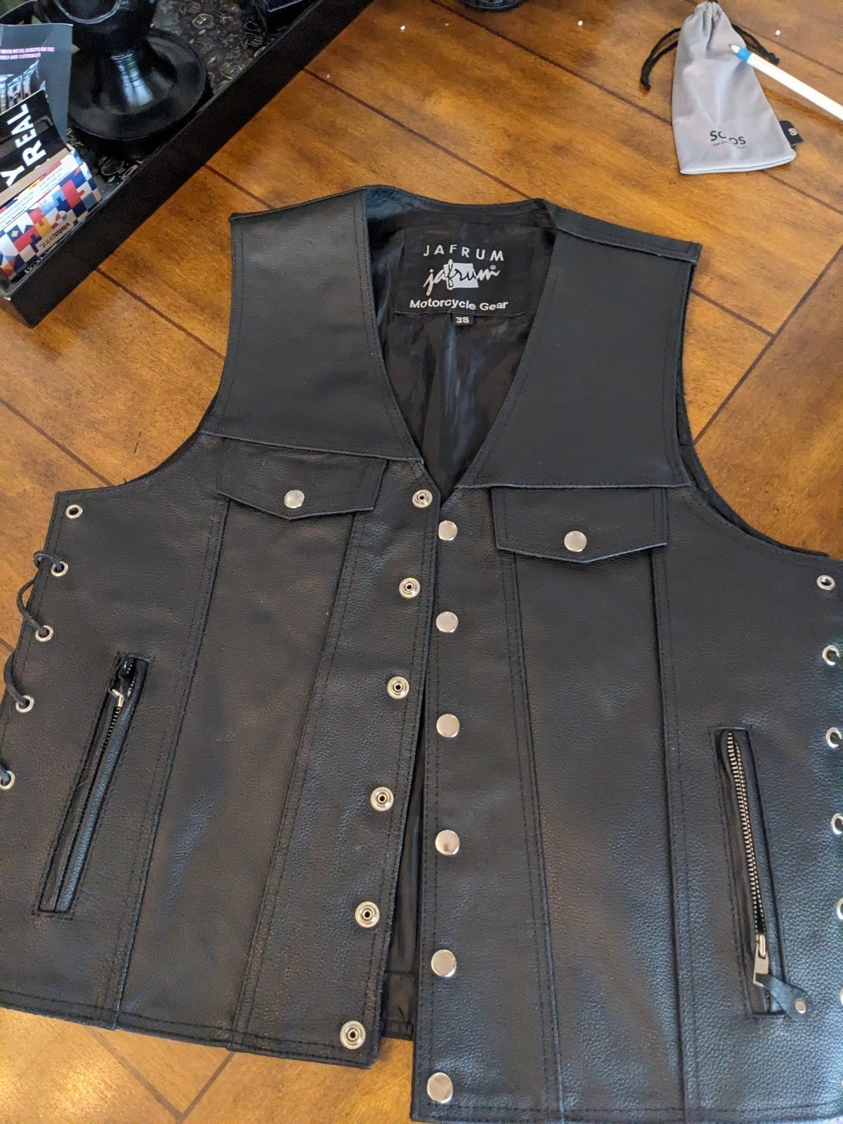 Leather motorcycle vest size 38