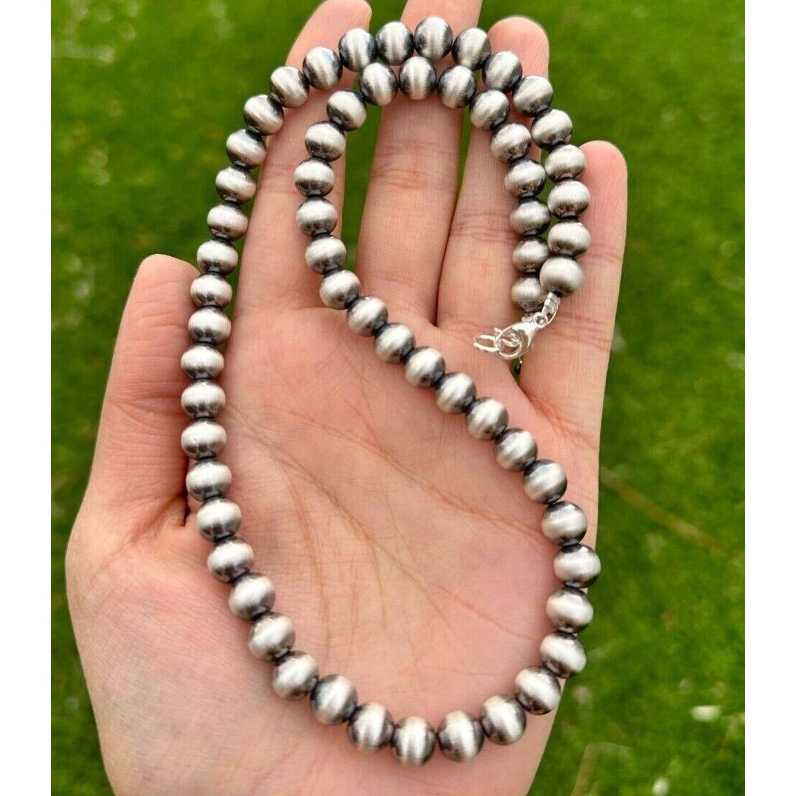 8mm 28 Inch Sterling Silver Oxidized Pearls Bead Necklace
