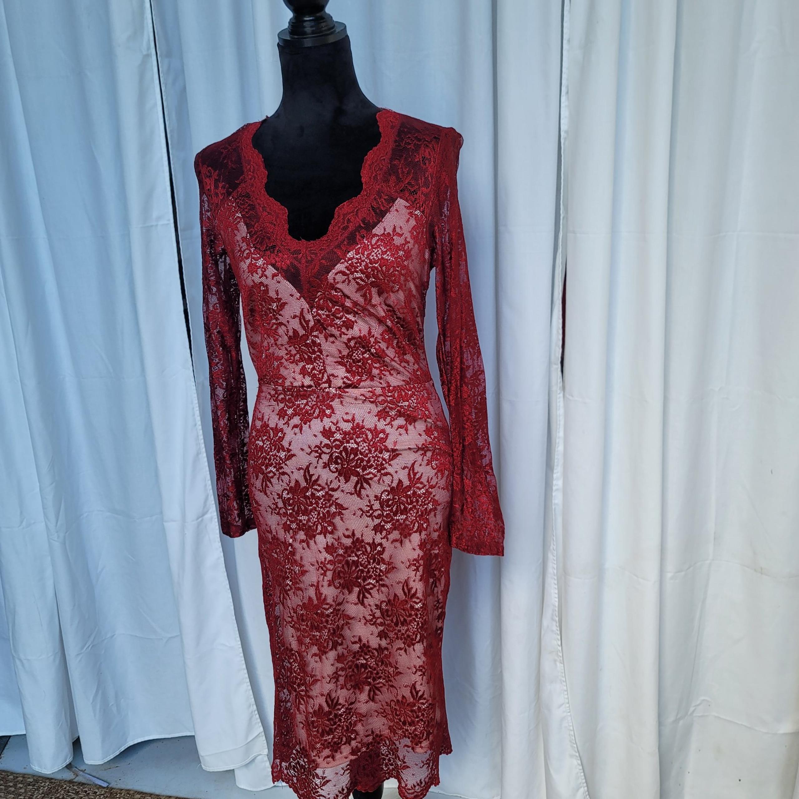 River Island Red Beige VNeck Lace Midi Dress UK 10 US 6 Long Sleeve Knee Length