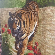 Vintage Tiger Tapestry Blue Fringe Wall Hanging Made in Turkey 55.5 Lx39 W