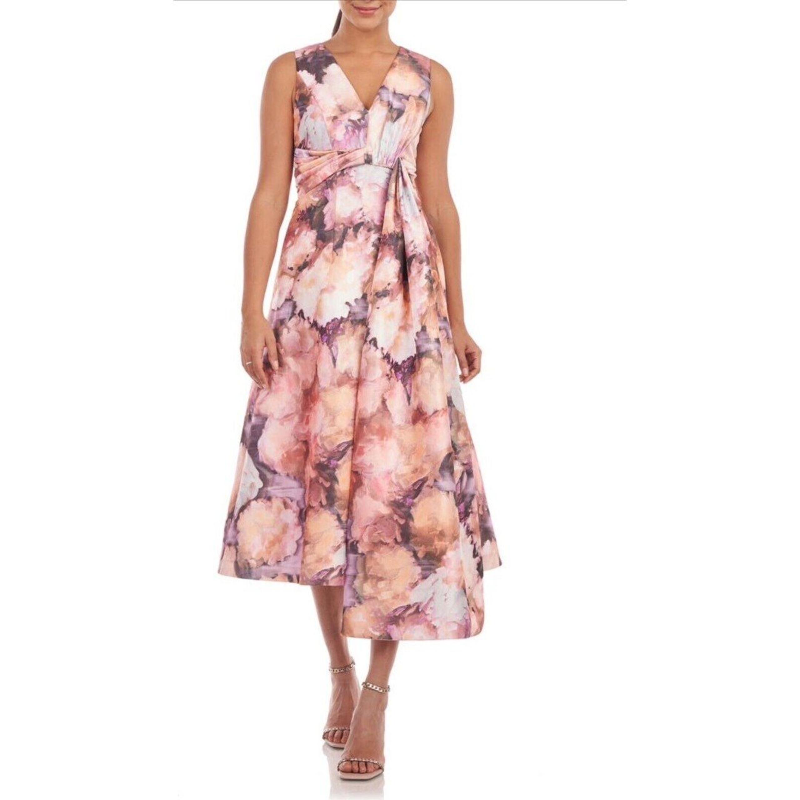 Kay Unger Lani Floral Print Coctail Midi Dress Womens Size 4