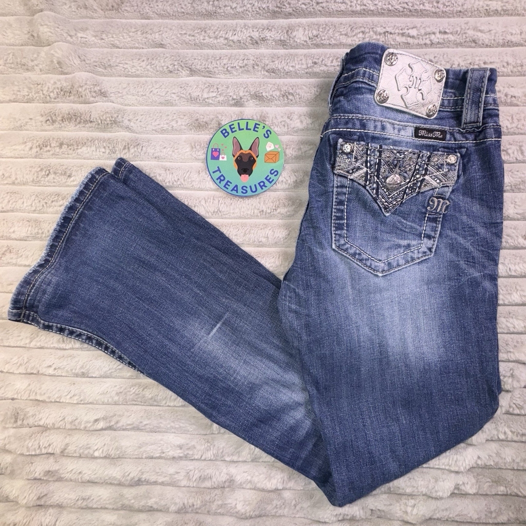 Miss Me Jeans Women's 28 Mid Rise Easy Boot Rhinestone Thick Stitch Stretch Y2K