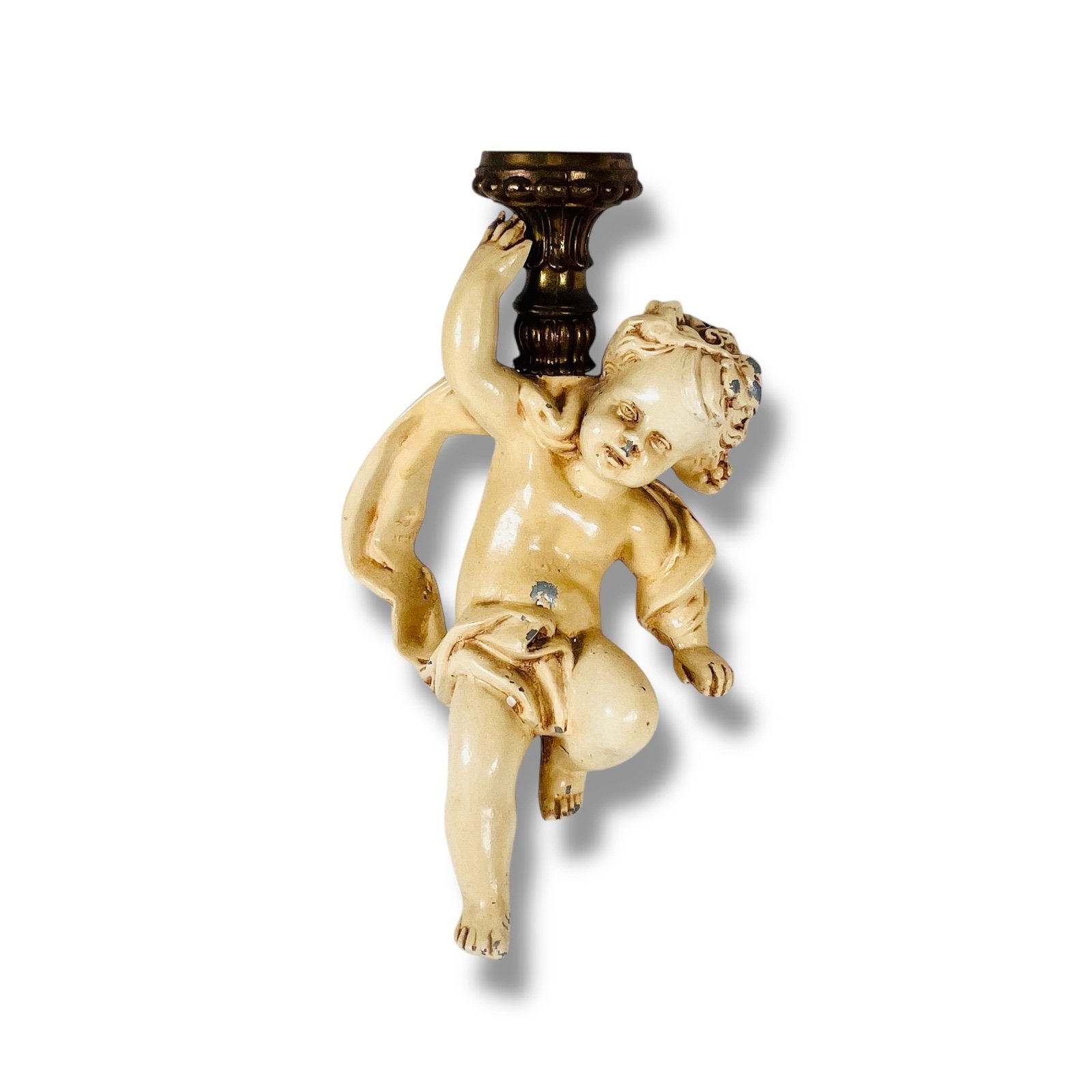 Vtg Table Lamp Body Center Part Cherub Angel Metal Chippy Beige & Brass 8.75
